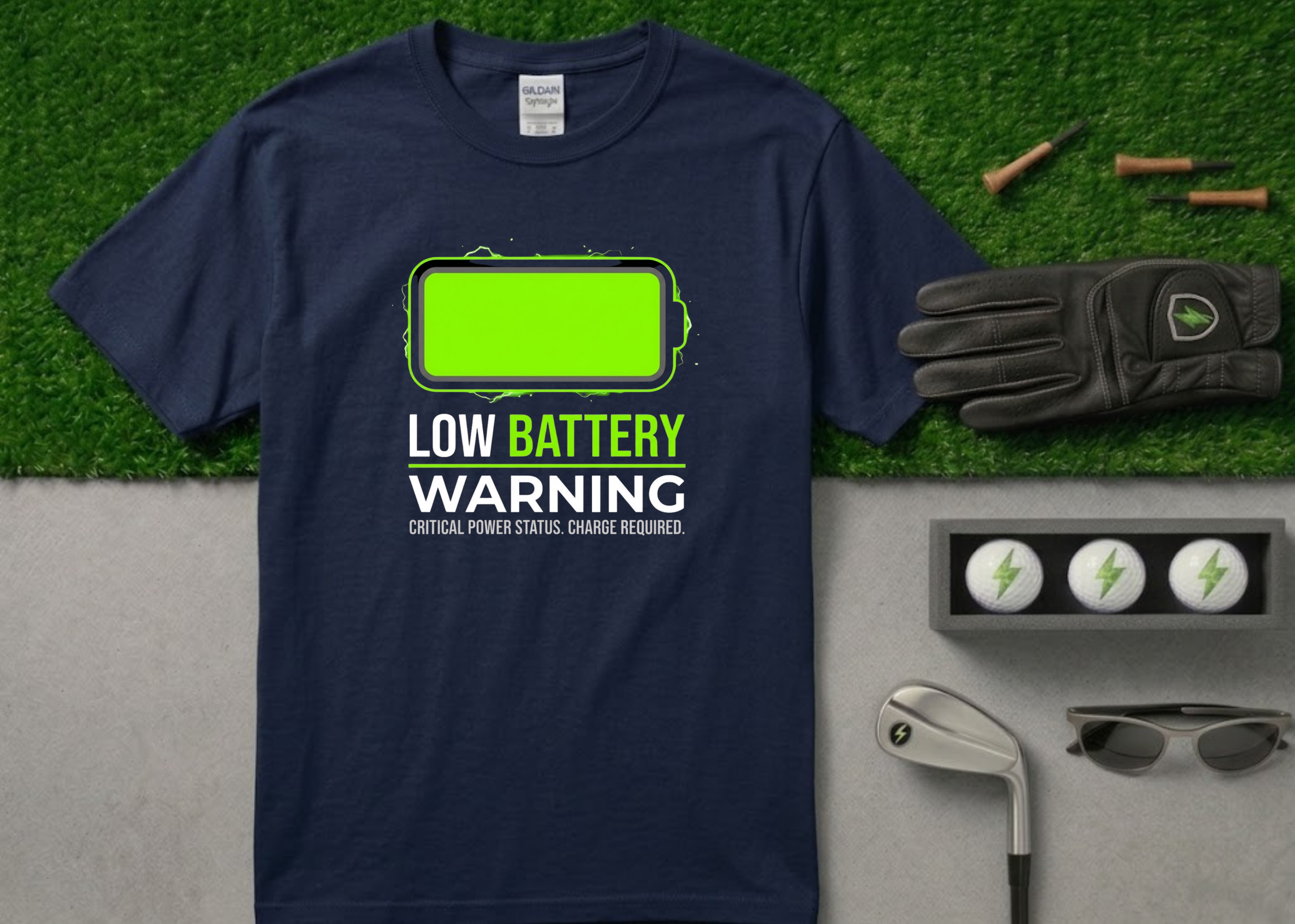 The "Critical Power Status" Low Battery Golf T-Shirt