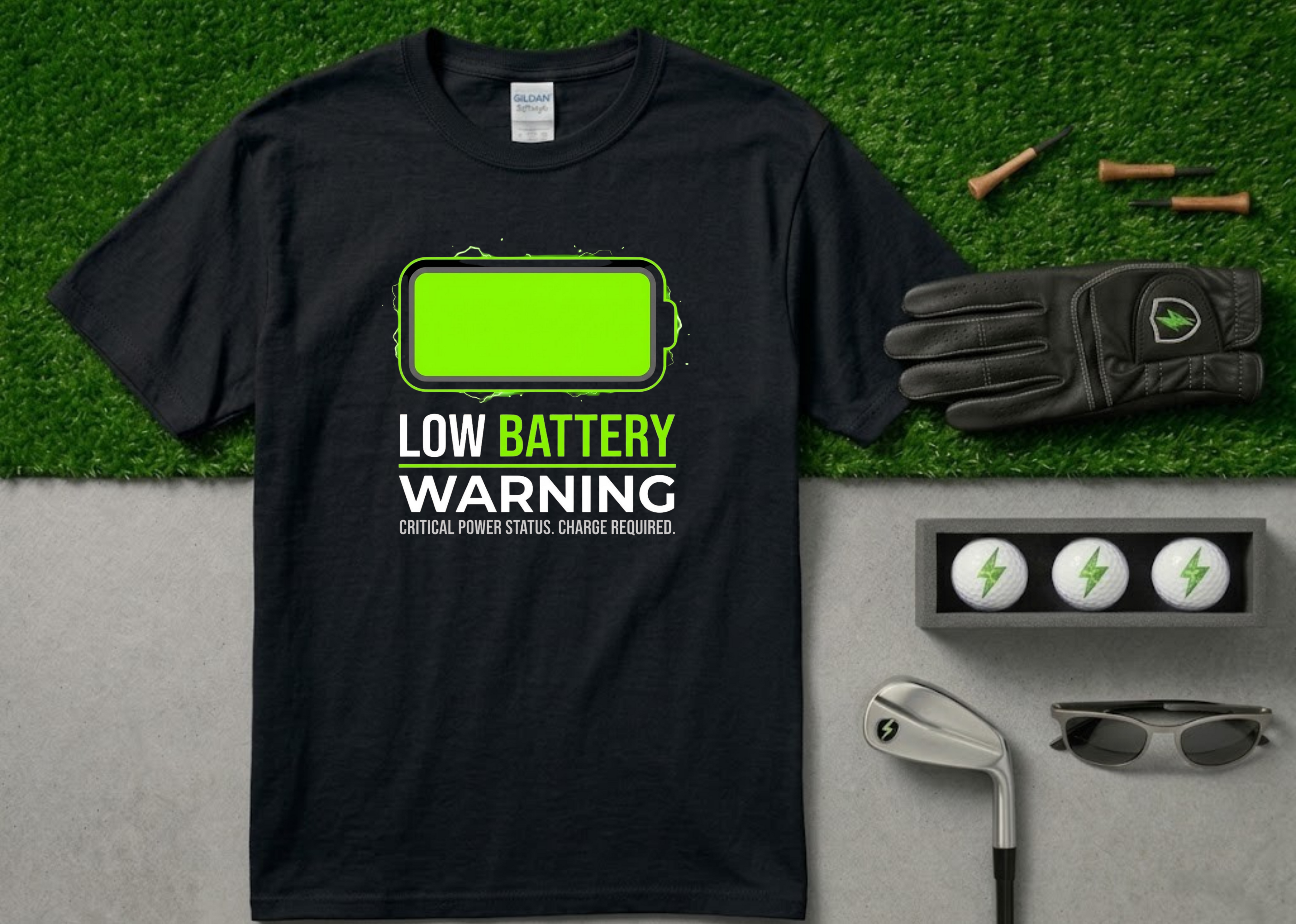 The "Critical Power Status" Low Battery Golf T-Shirt