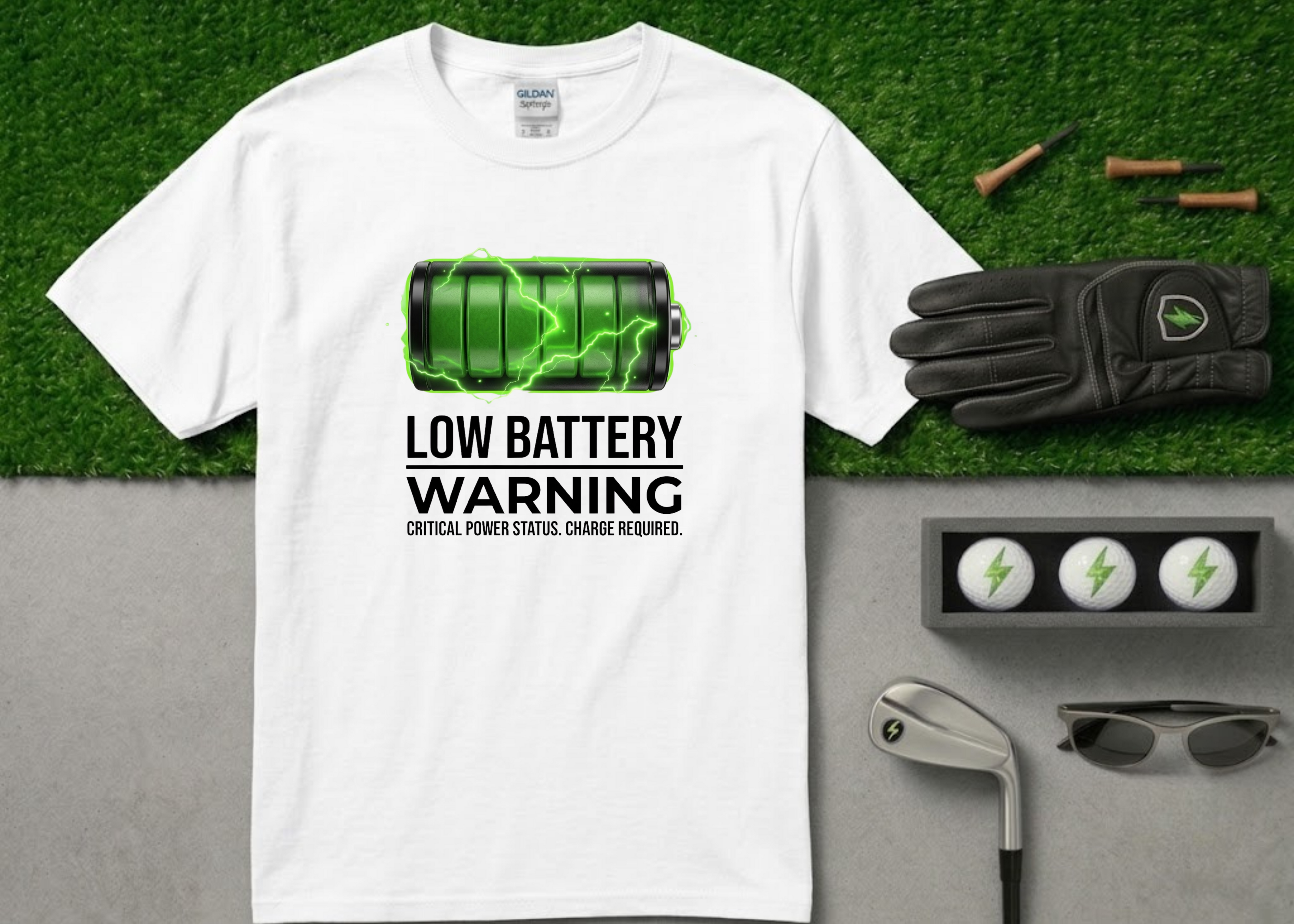 The "Critical Power Status" Low Battery Golf T-Shirt