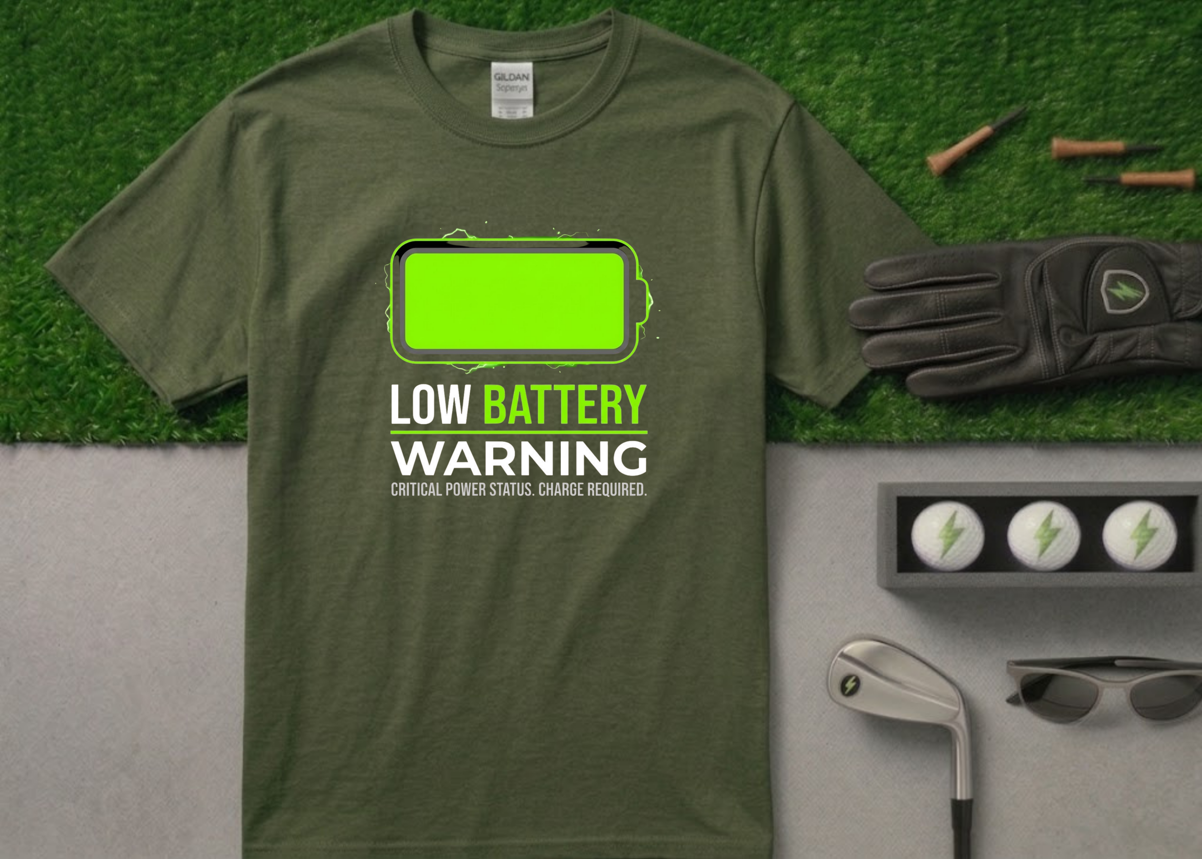 The "Critical Power Status" Low Battery Golf T-Shirt