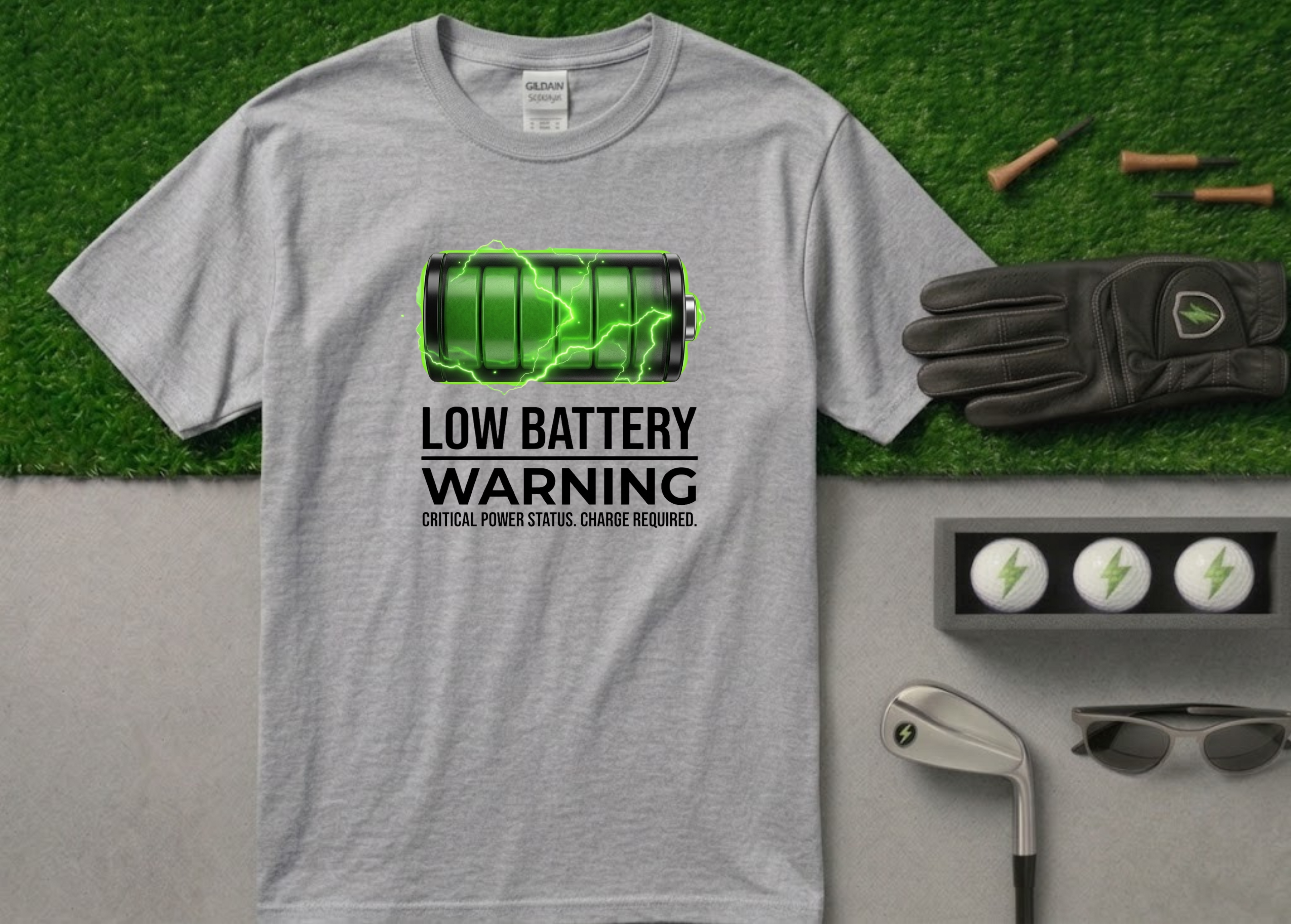 The "Critical Power Status" Low Battery Golf T-Shirt