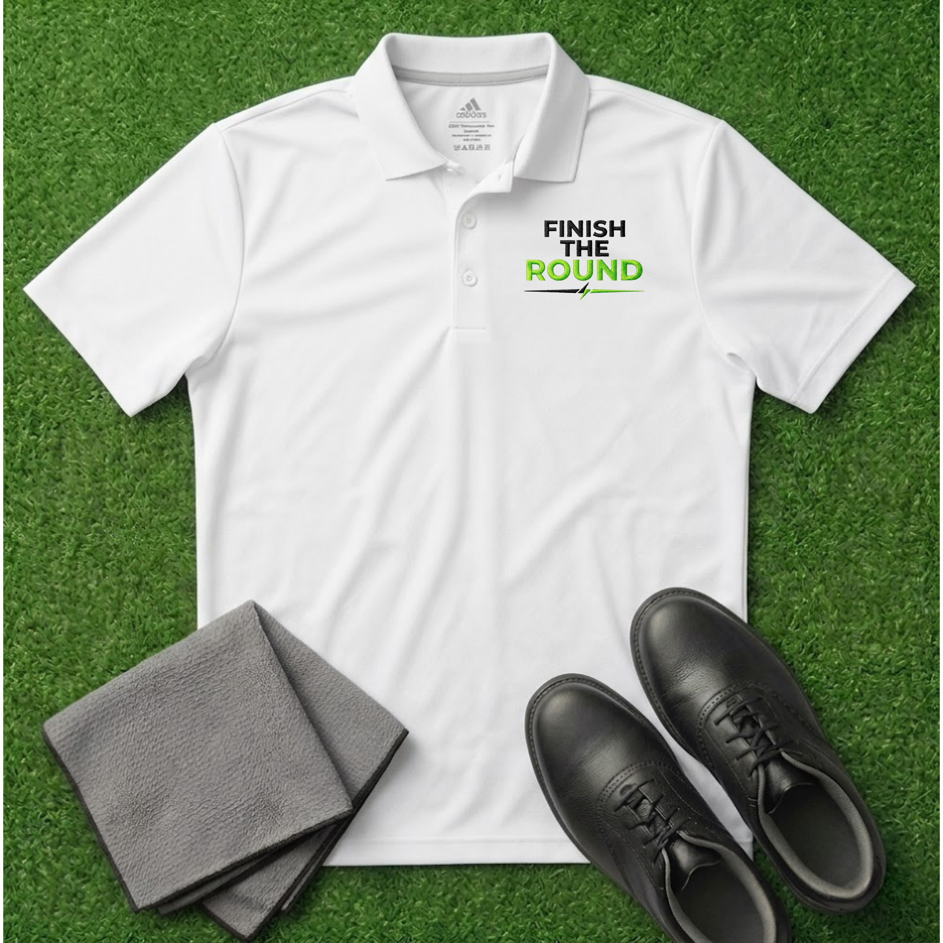 'Finish The Round' Embroidered Performance Golf Polo (Adidas Unisex)