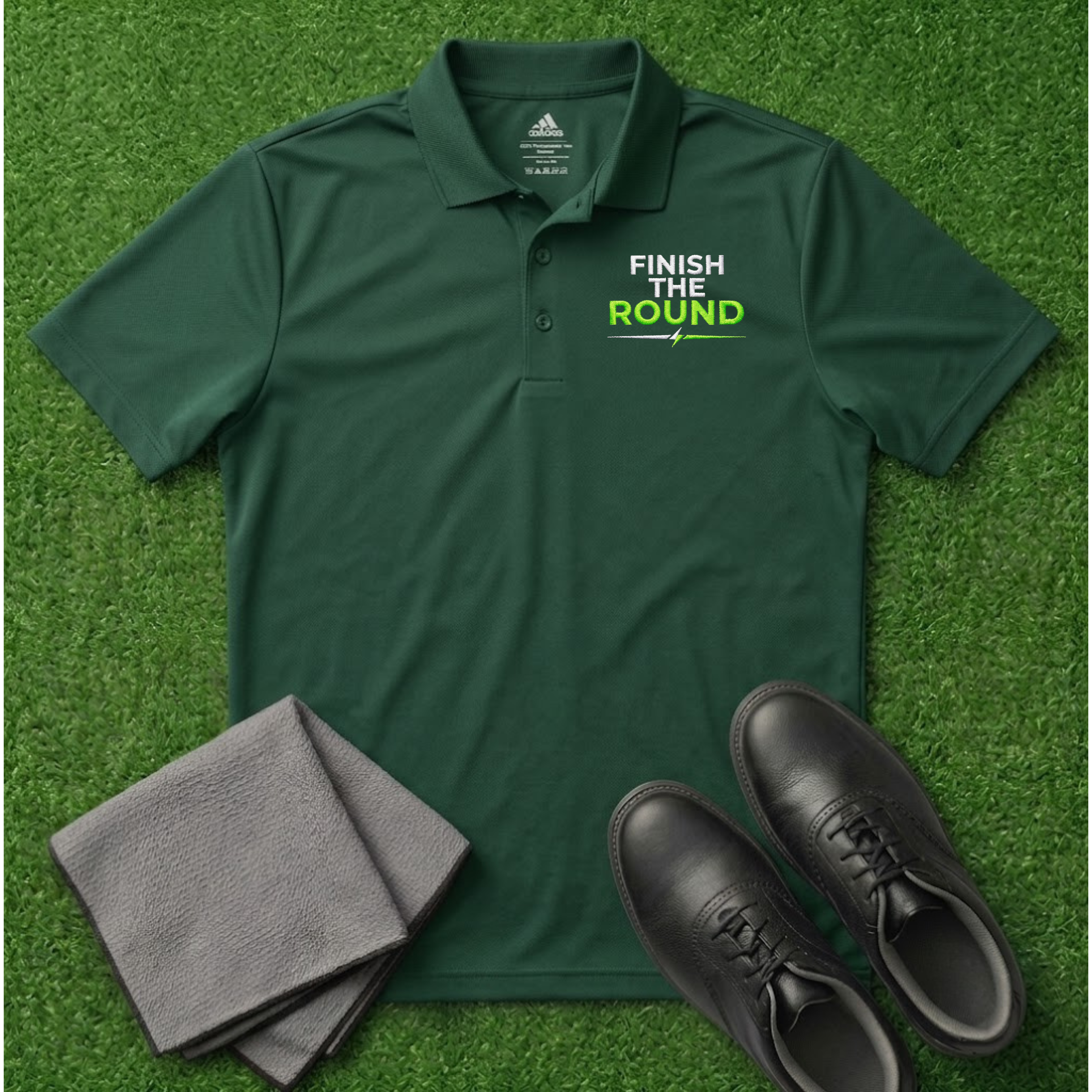 'Finish The Round' Embroidered Performance Golf Polo (Adidas Unisex)