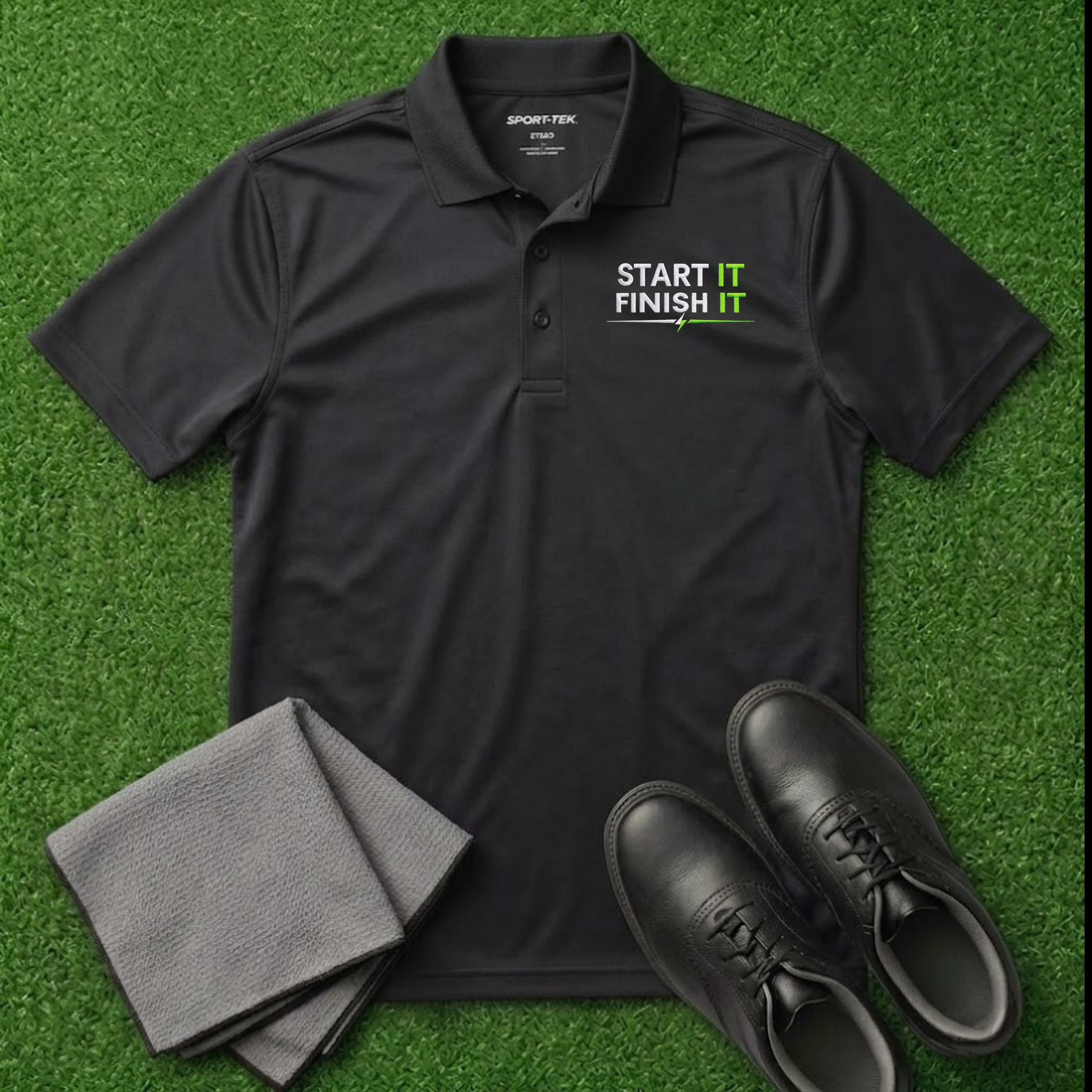 'Start It Finish It' Embroidered Performance Golf Polo (Sport-Tech Unisex)