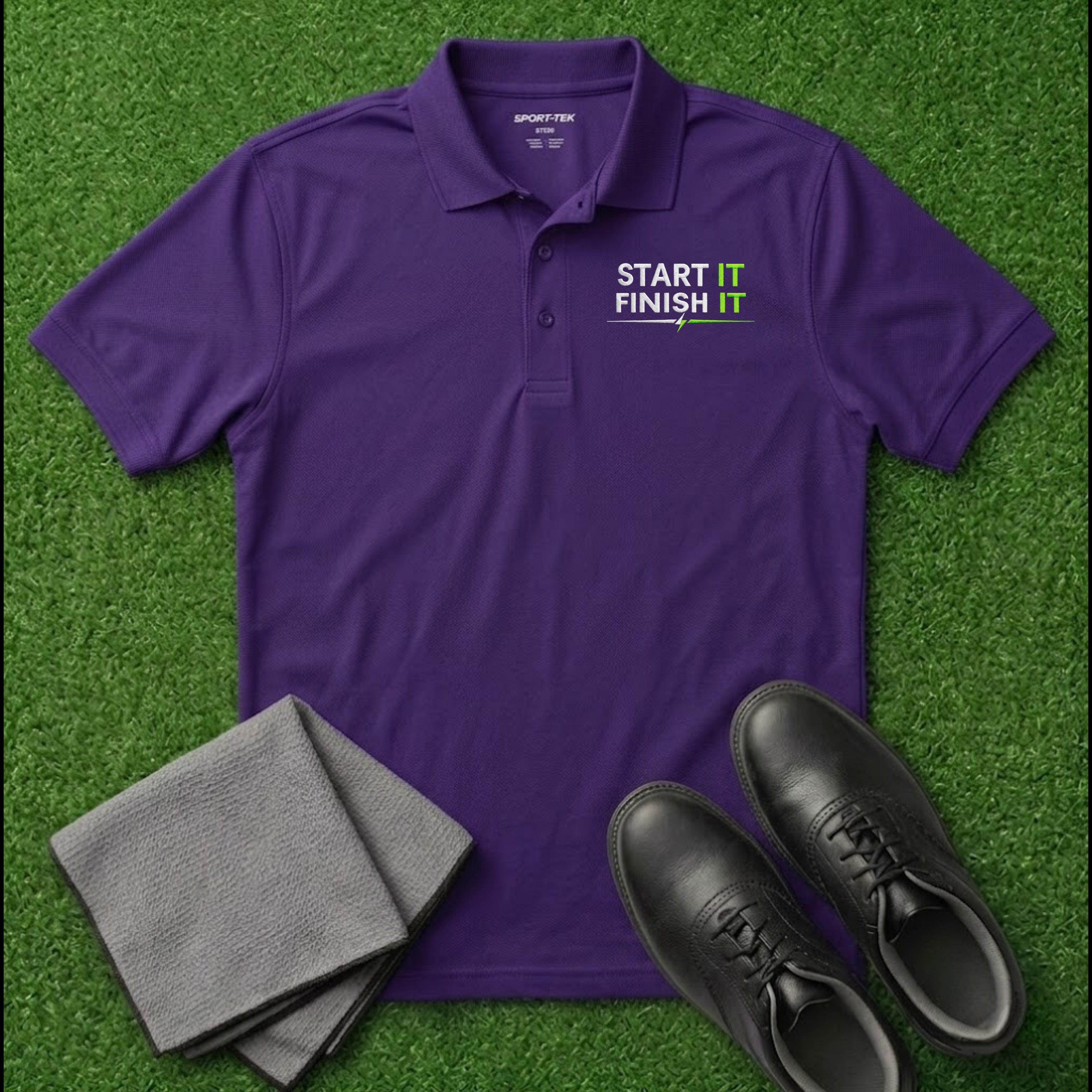 'Start It Finish It' Embroidered Performance Golf Polo (Sport-Tech Unisex)