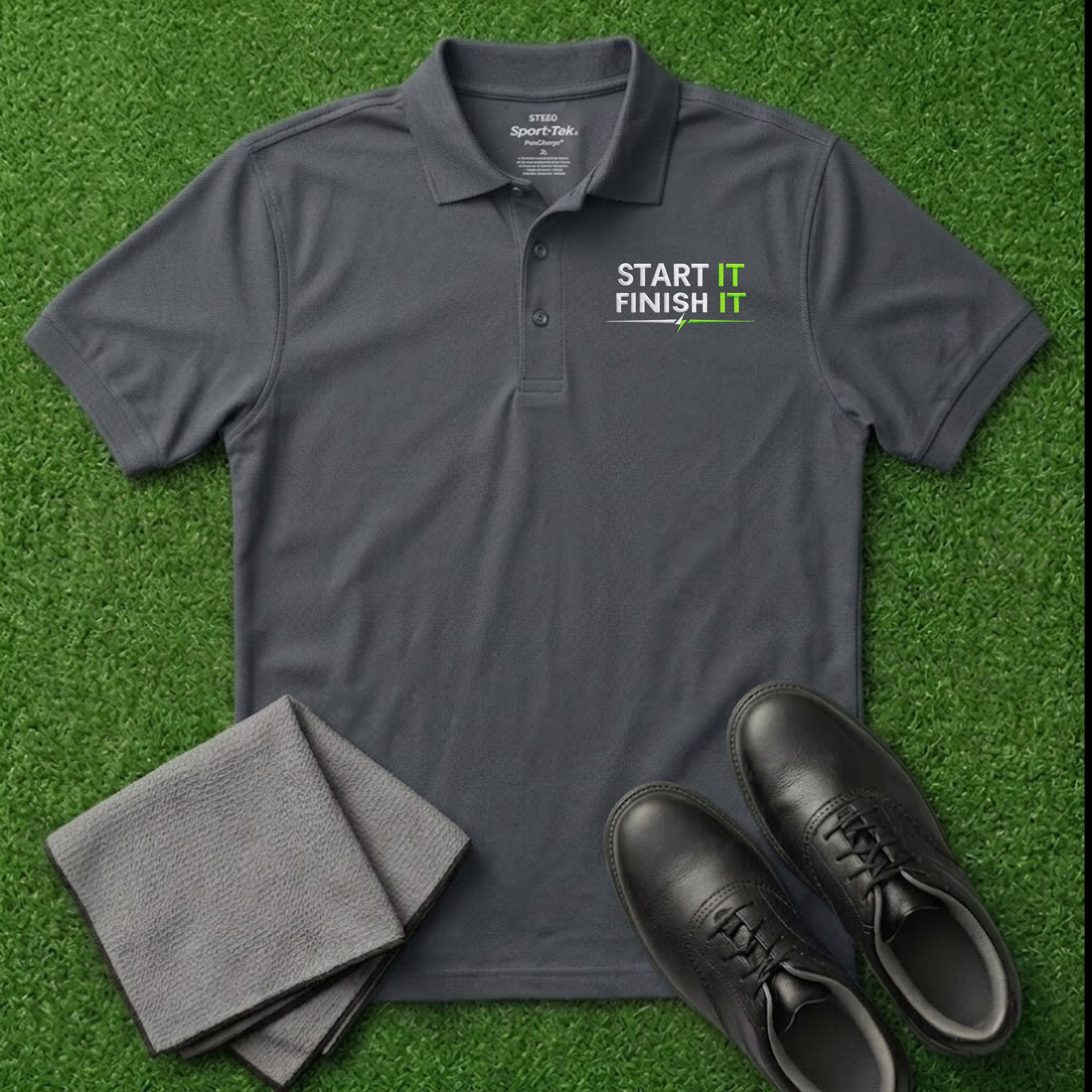 'Start It Finish It' Embroidered Performance Golf Polo (Sport-Tech Unisex)