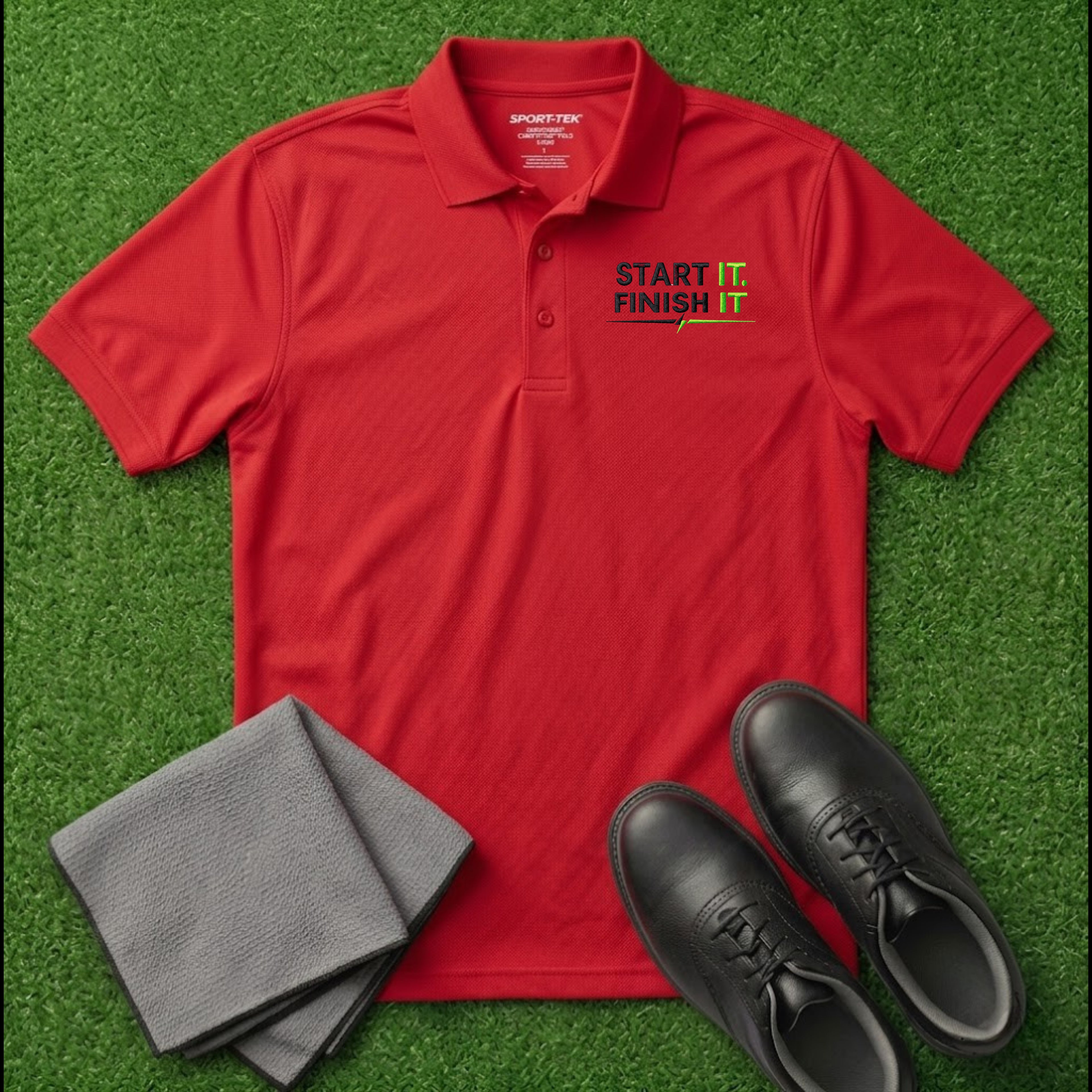 'Start It Finish It' Embroidered Performance Golf Polo (Sport-Tech Unisex)