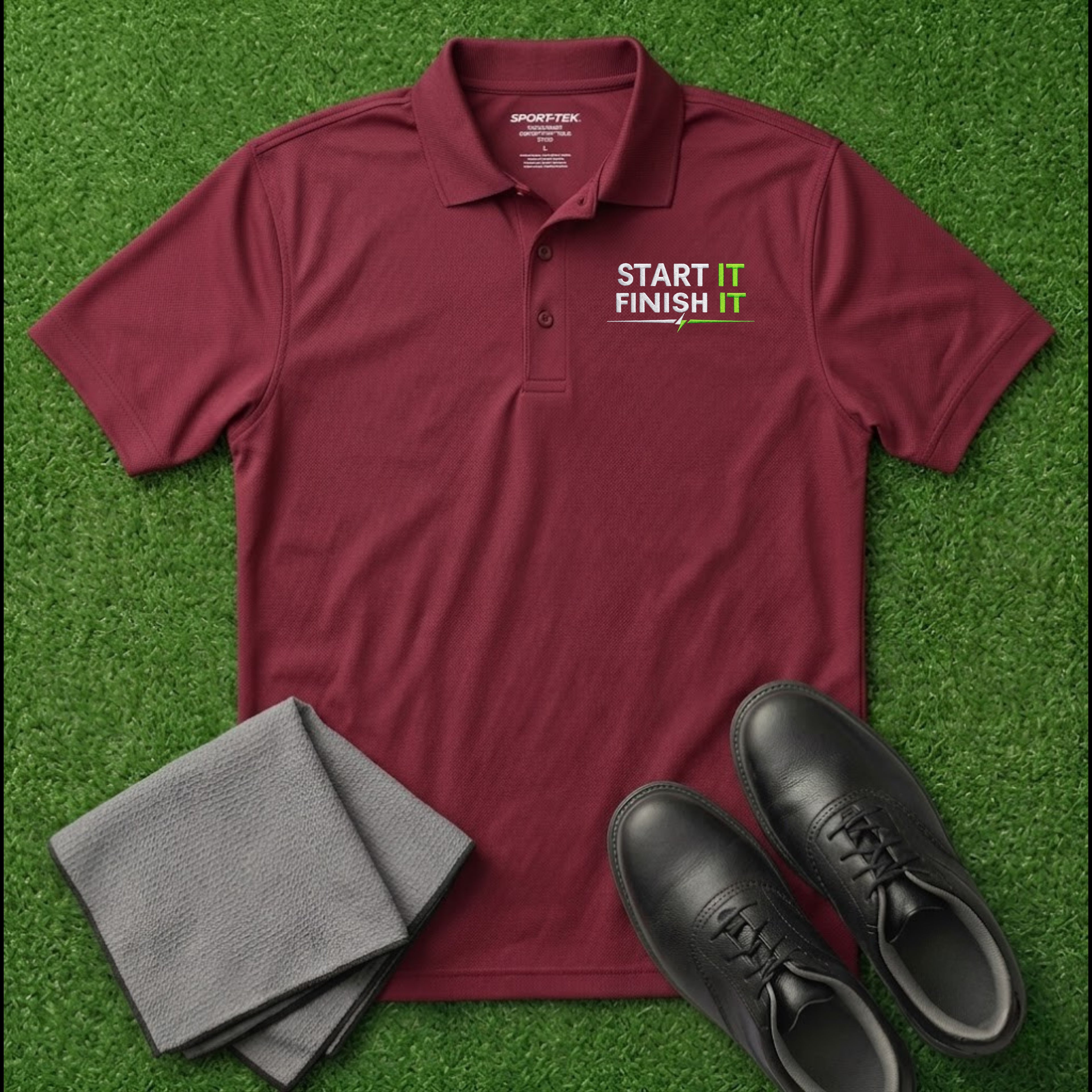 'Start It Finish It' Embroidered Performance Golf Polo (Sport-Tech Unisex)