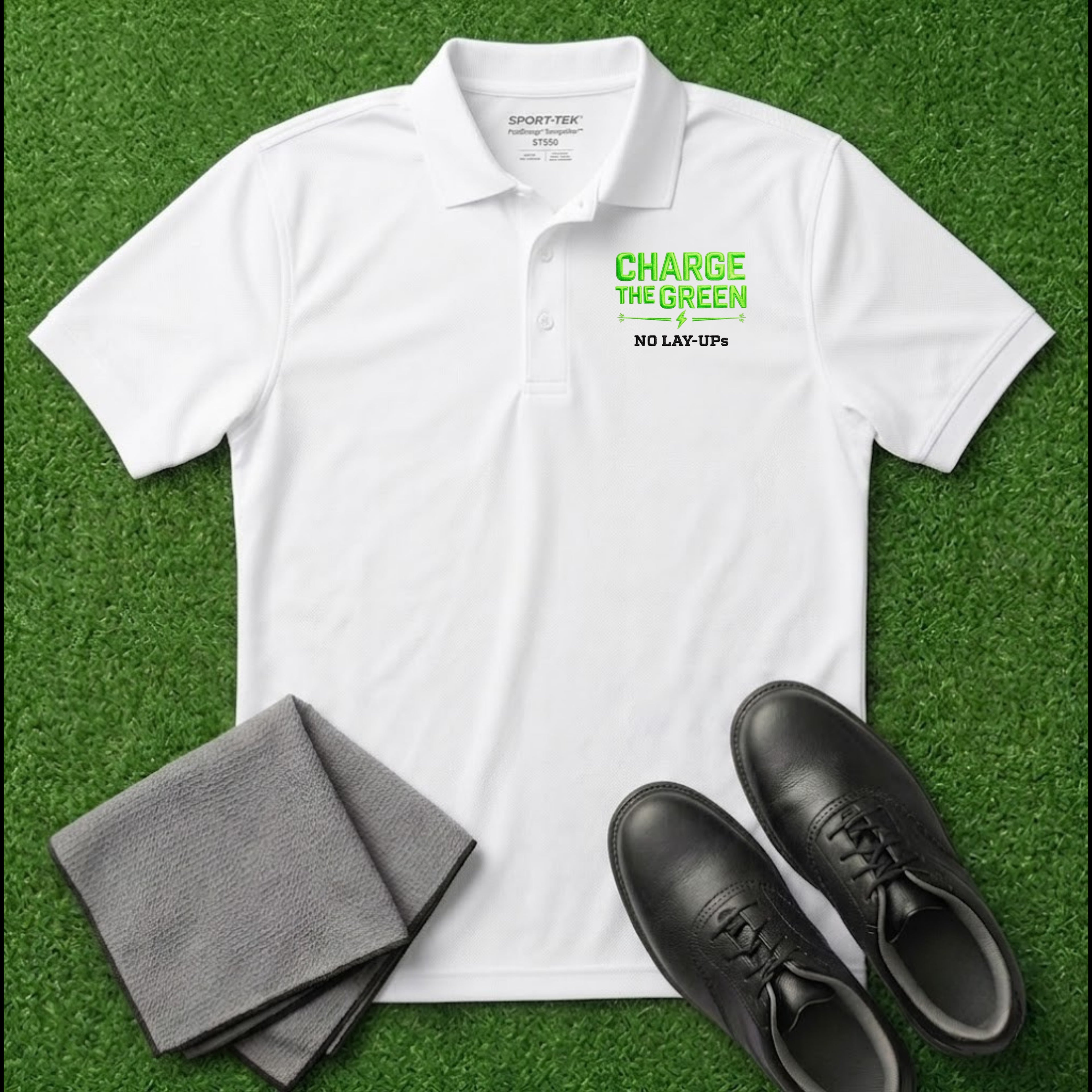 'Charge The Green - No Lay-Ups' Embroidered Performance Golf Polo (Sport-Tech Unisex)