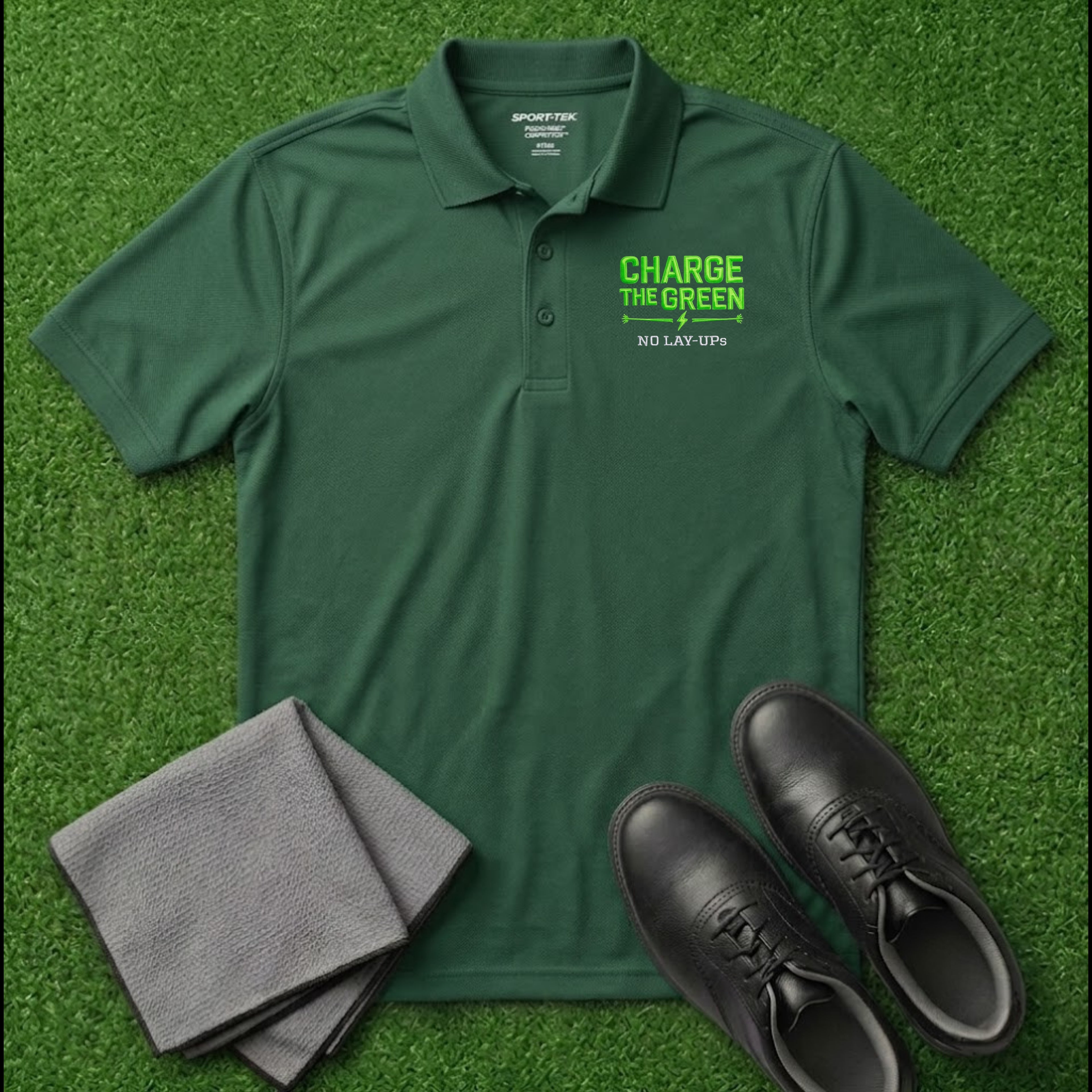 'Charge The Green - No Lay-Ups' Embroidered Performance Golf Polo (Sport-Tech Unisex)