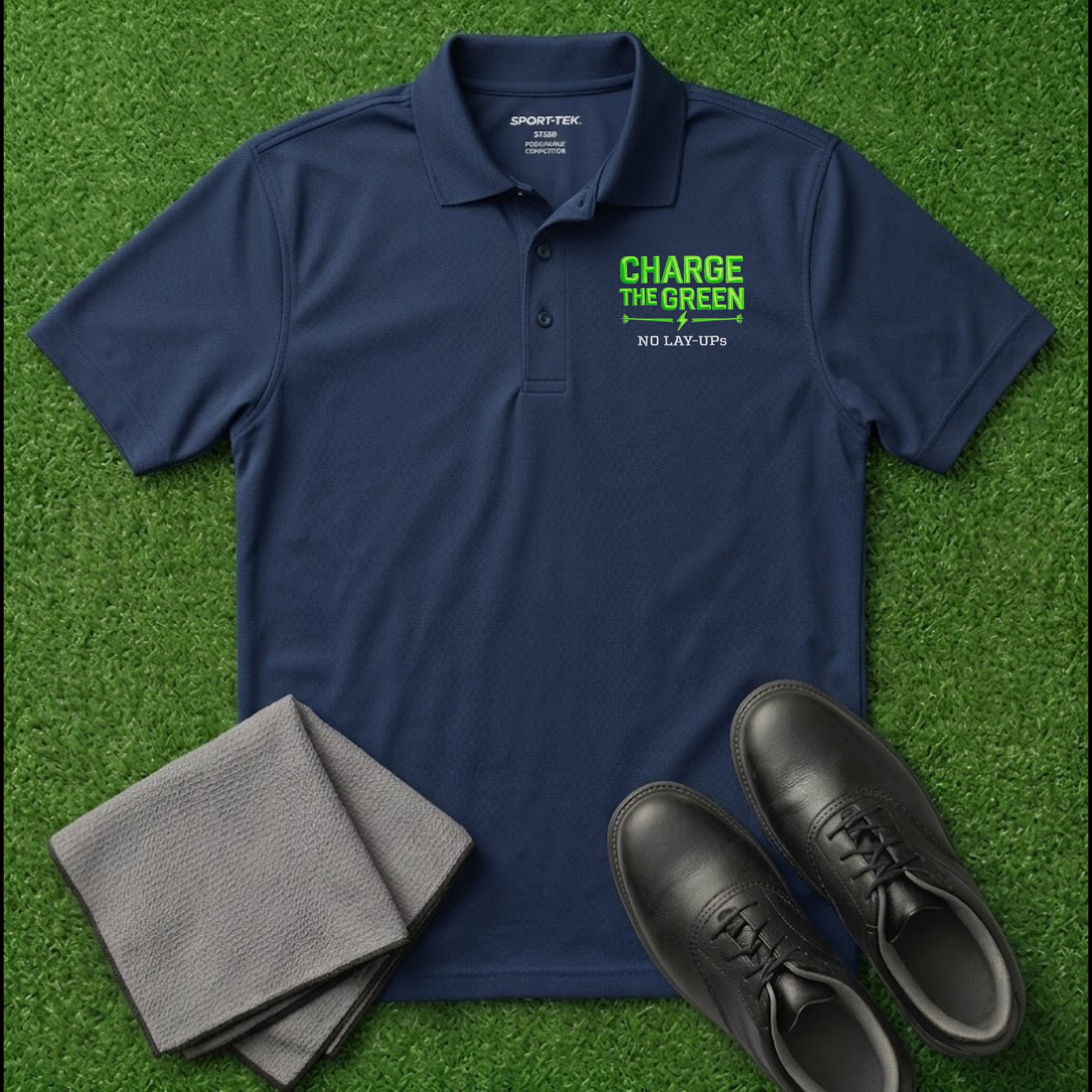 'Charge The Green - No Lay-Ups' Embroidered Performance Golf Polo (Sport-Tech Unisex)