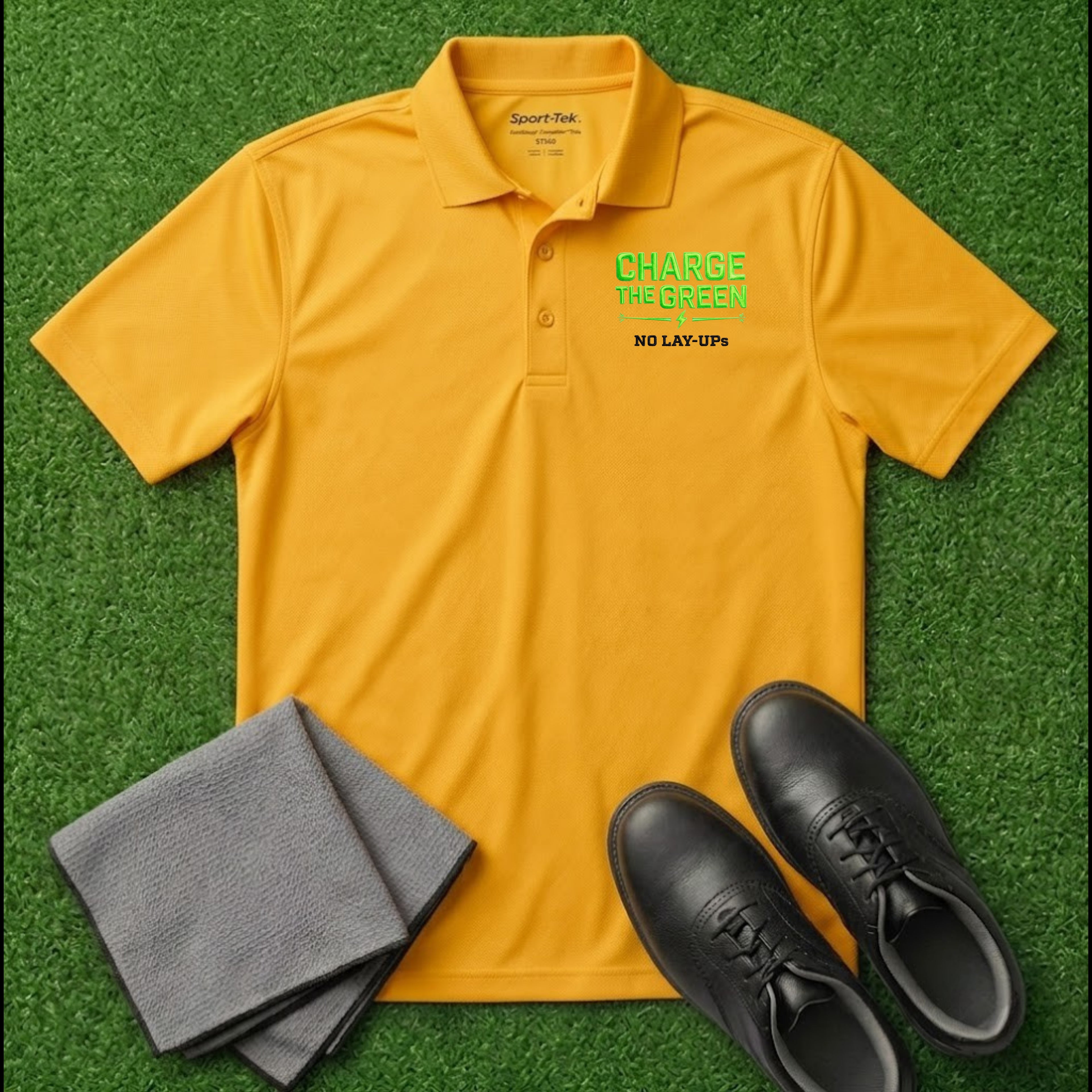 'Charge The Green - No Lay-Ups' Embroidered Performance Golf Polo (Sport-Tech Unisex)
