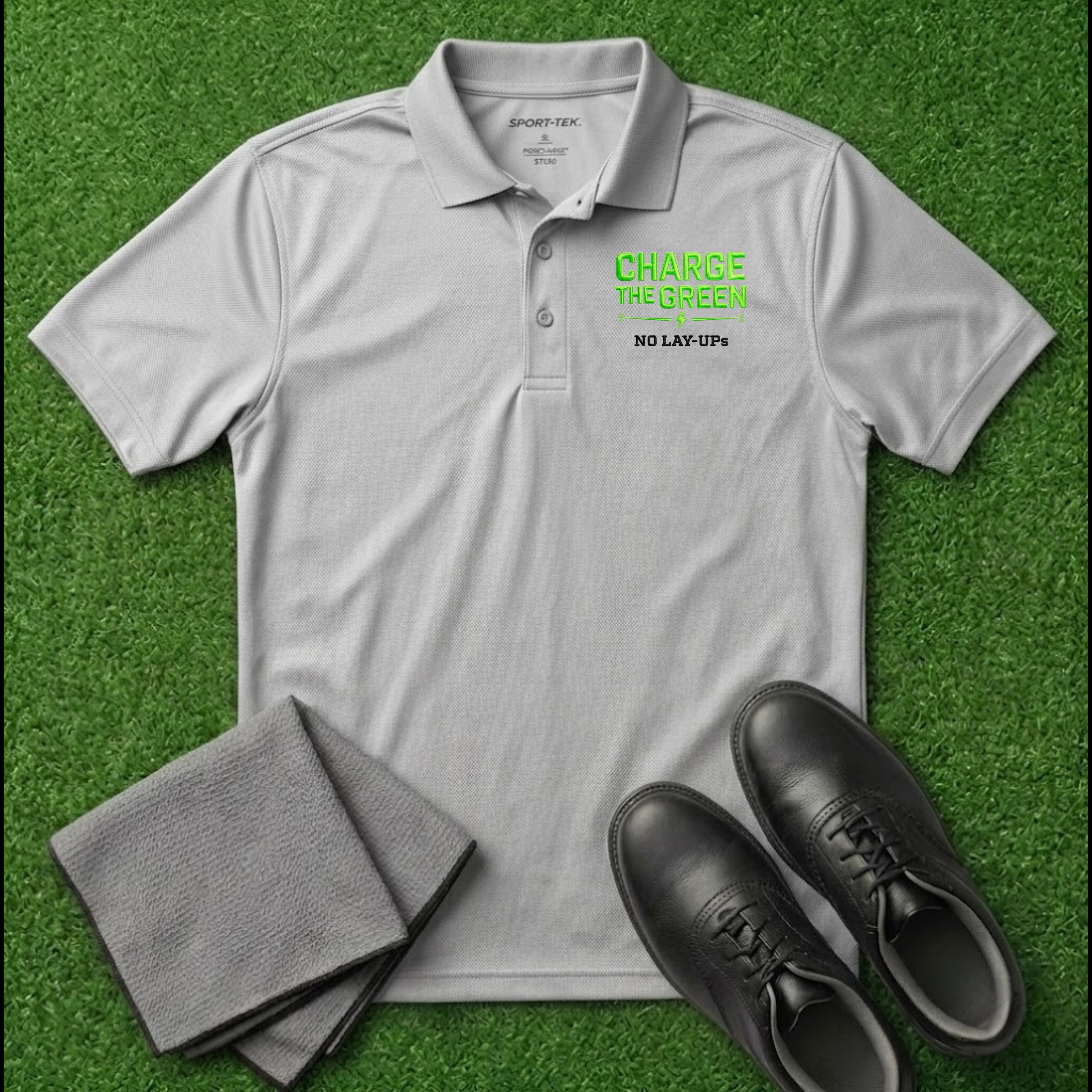 'Charge The Green - No Lay-Ups' Embroidered Performance Golf Polo (Sport-Tech Unisex)