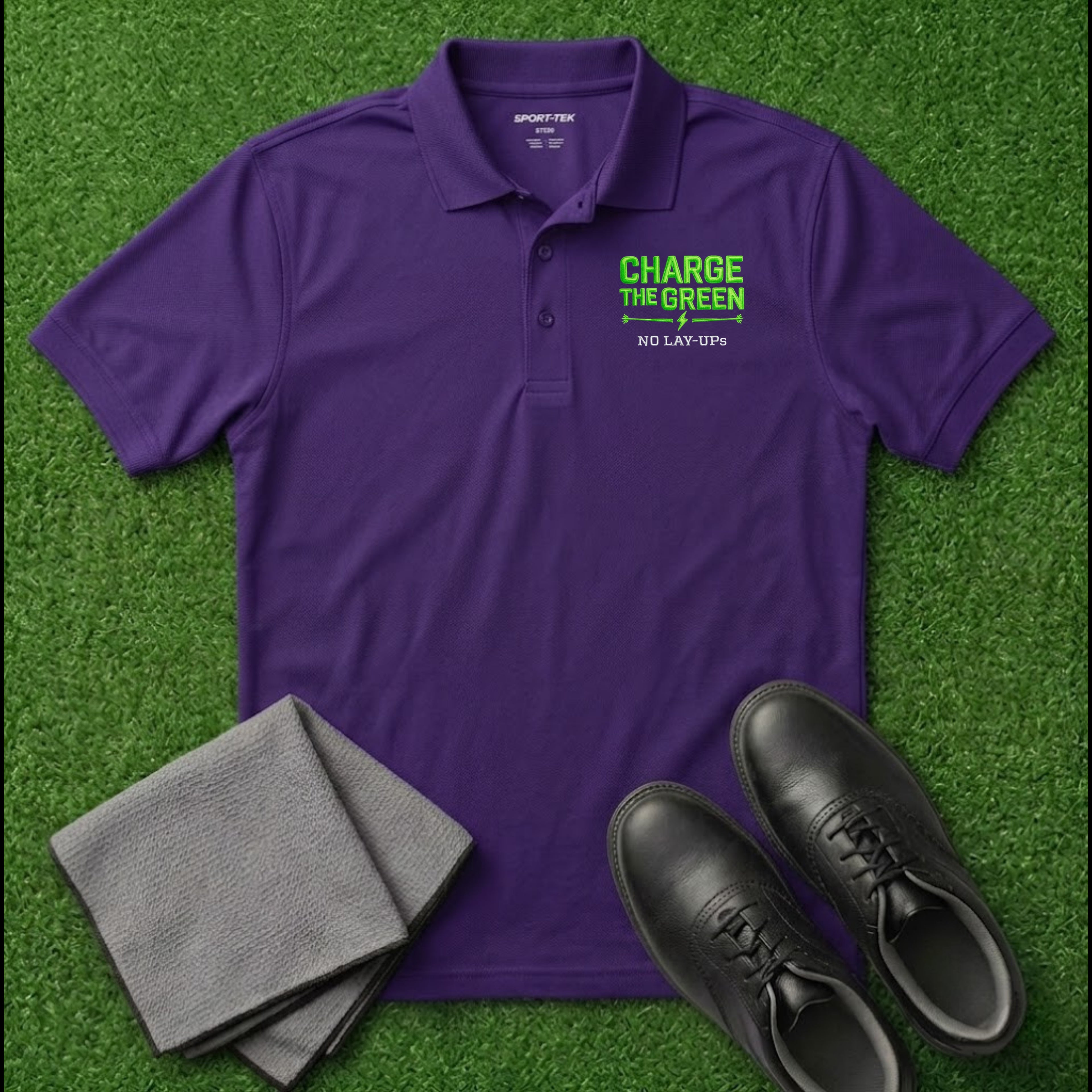 'Charge The Green - No Lay-Ups' Embroidered Performance Golf Polo (Sport-Tech Unisex)