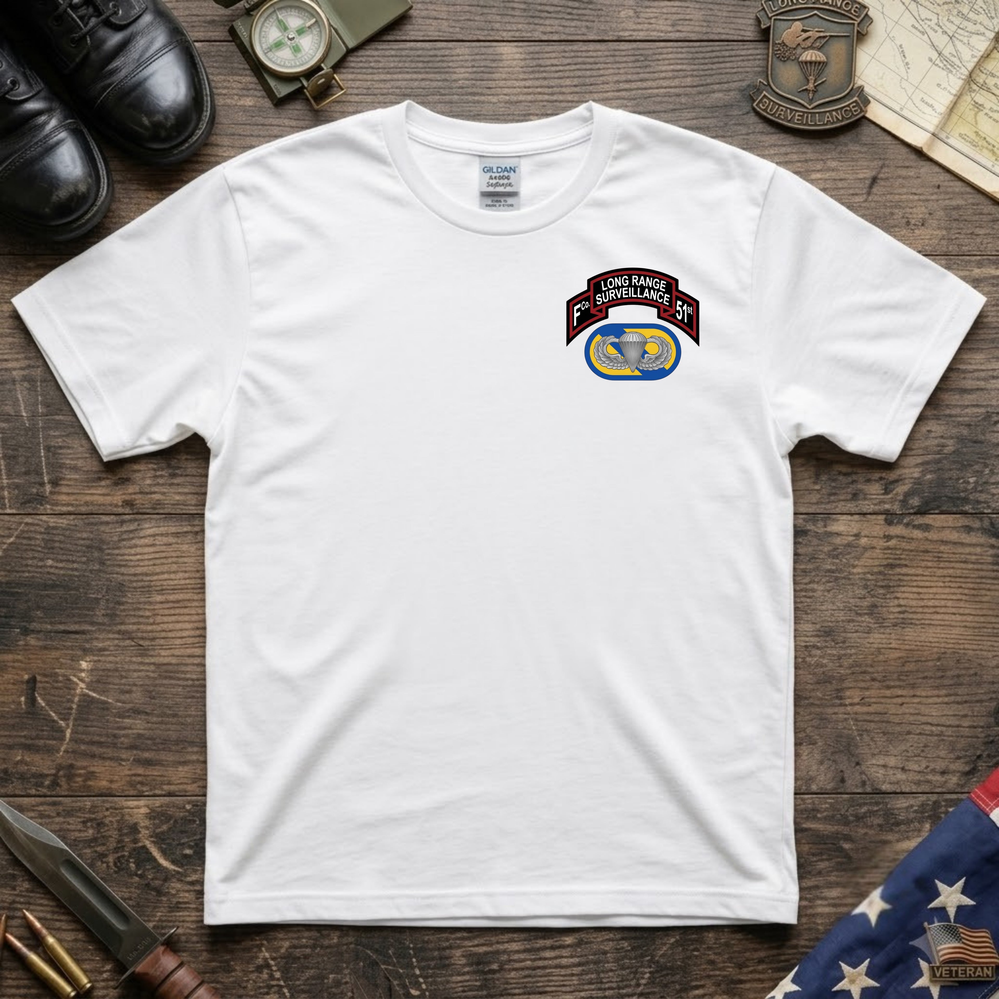 F Co. 51st Infantry (LRS) Scroll with Basic Wings Softstyle T-Shirt