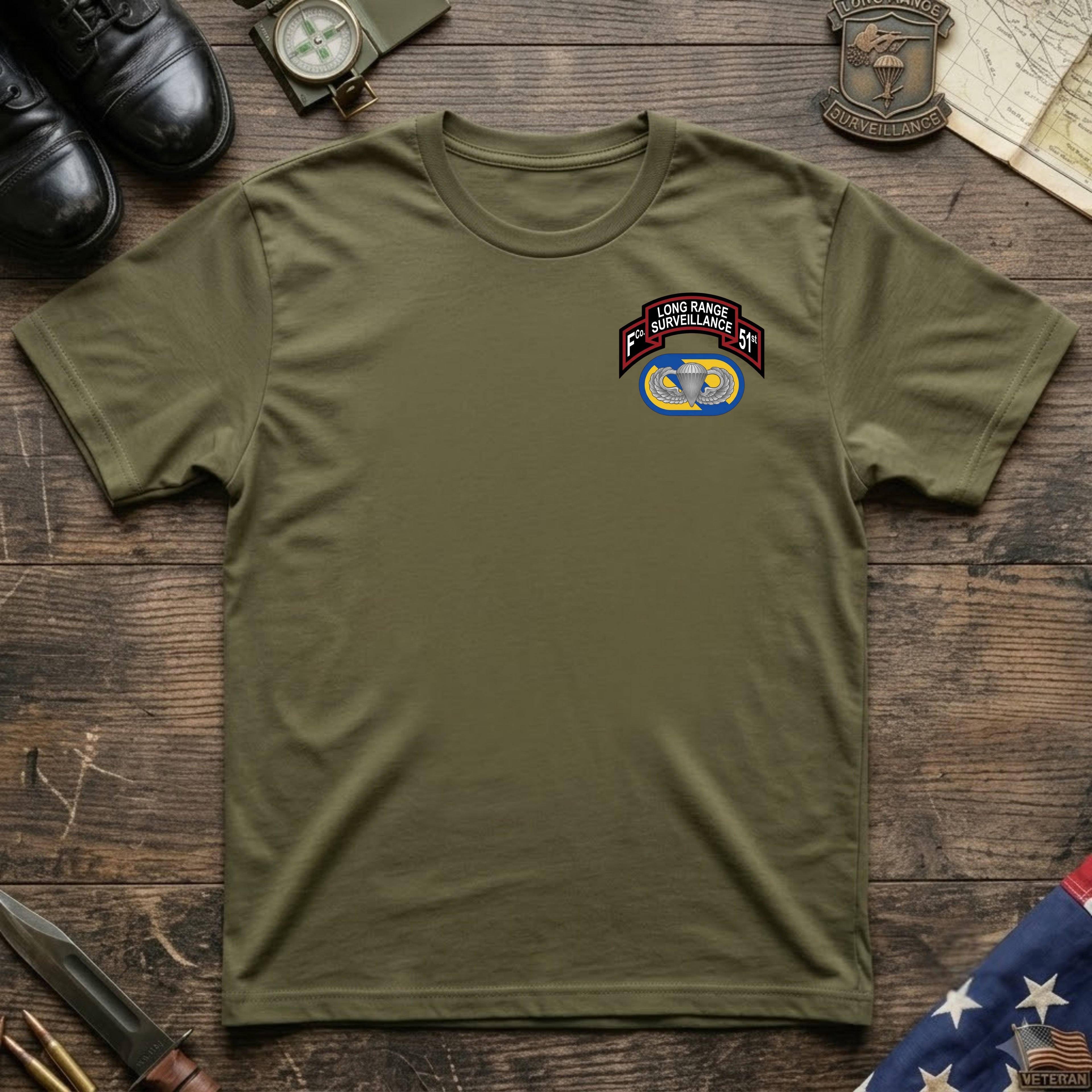 F Co. 51st Infantry (LRS) Scroll with Basic Wings Softstyle T-Shirt