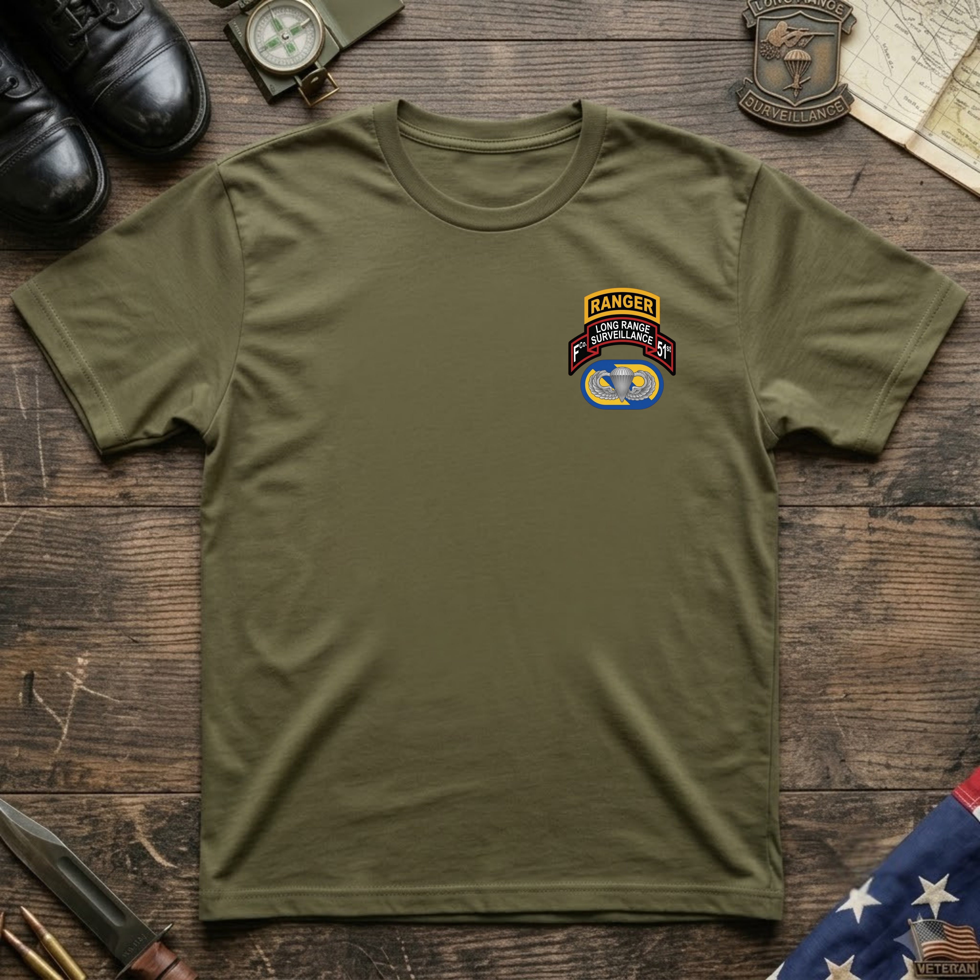 F Co. 51st Infantry (LRS) Scroll with Ranger Tab & Basic Wings Softstyle T-Shirt