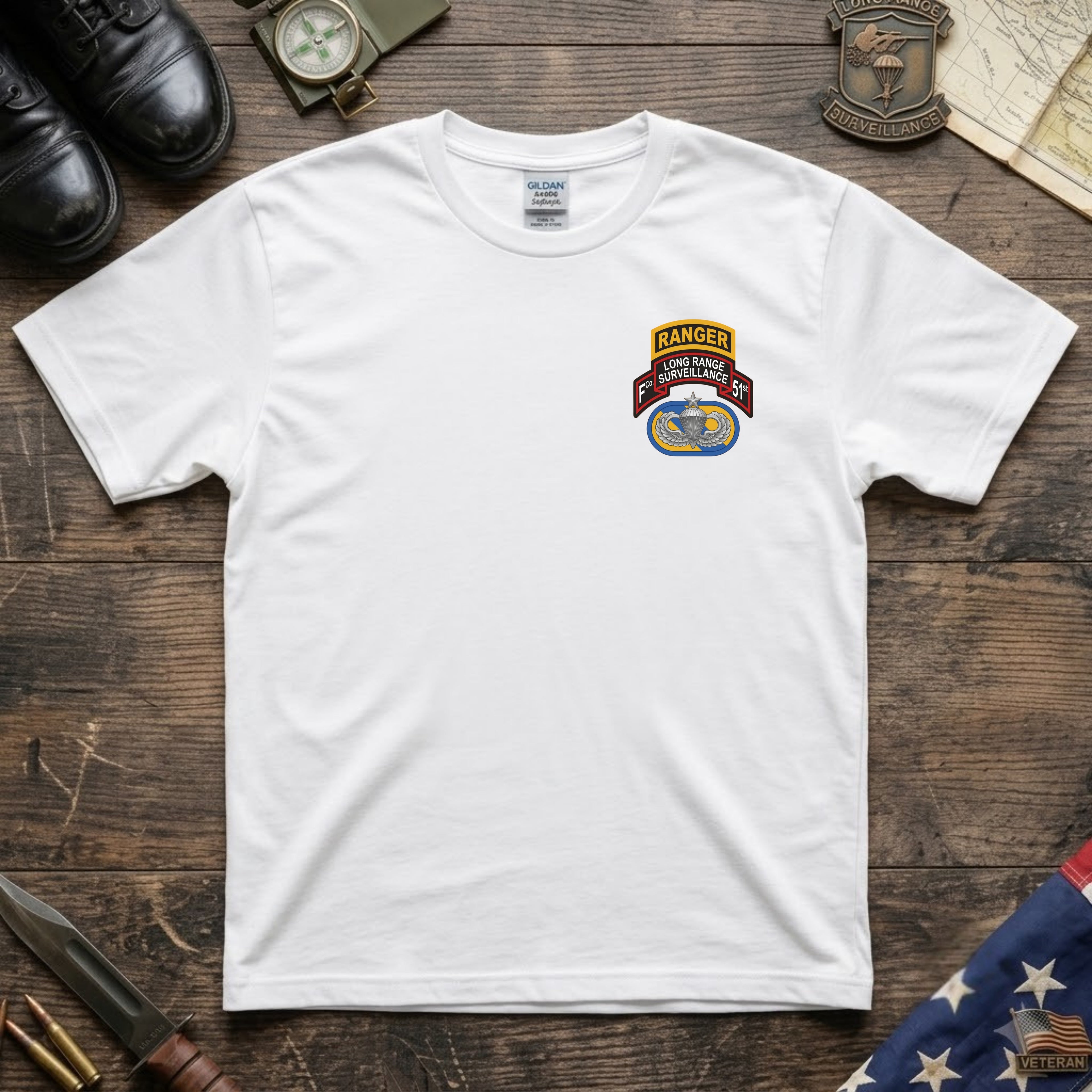 F Co. 51st Infantry (LRS) Scroll with Ranger Tab & Senior Wings Softstyle T-Shirt