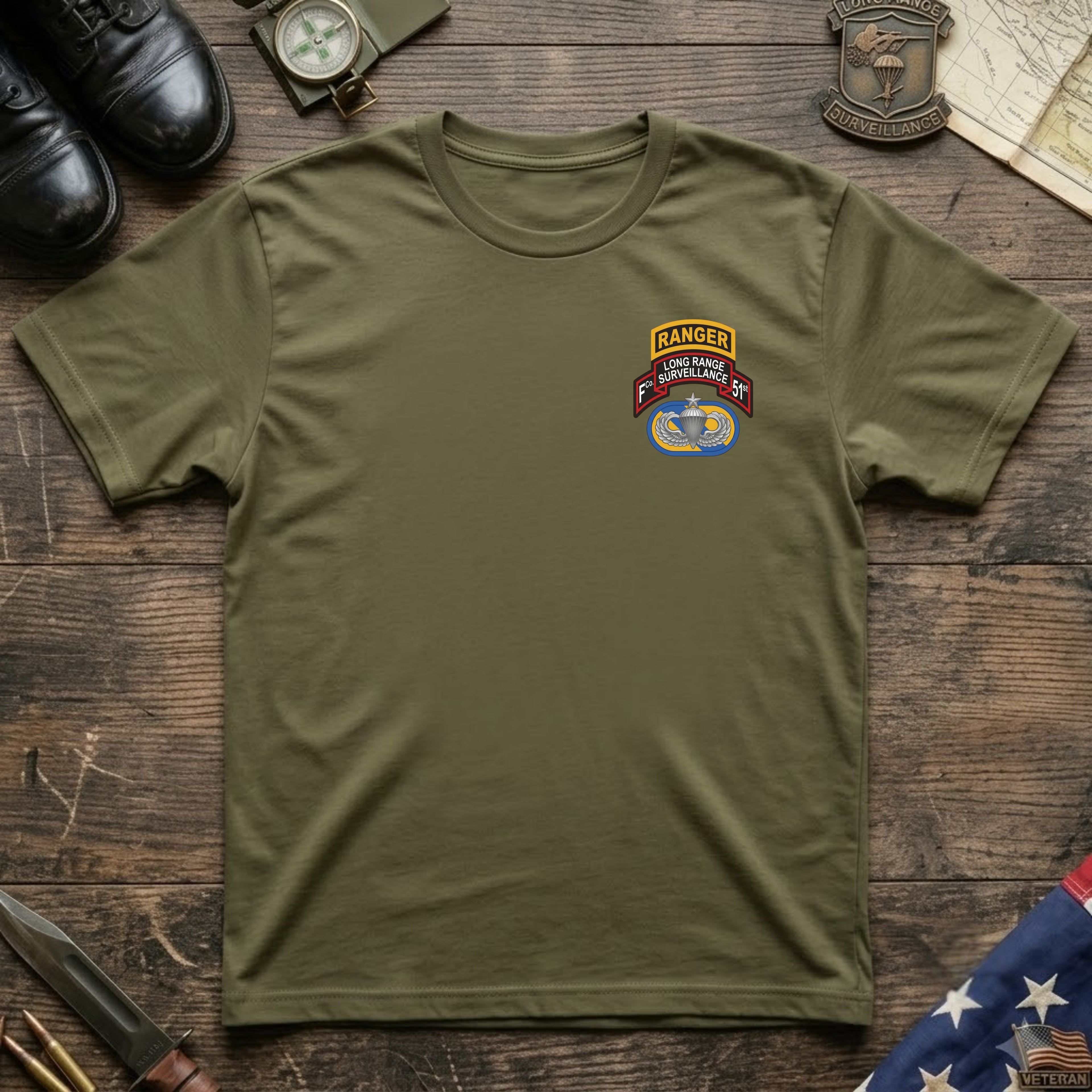 F Co. 51st Infantry (LRS) Scroll with Ranger Tab & Senior Wings Softstyle T-Shirt