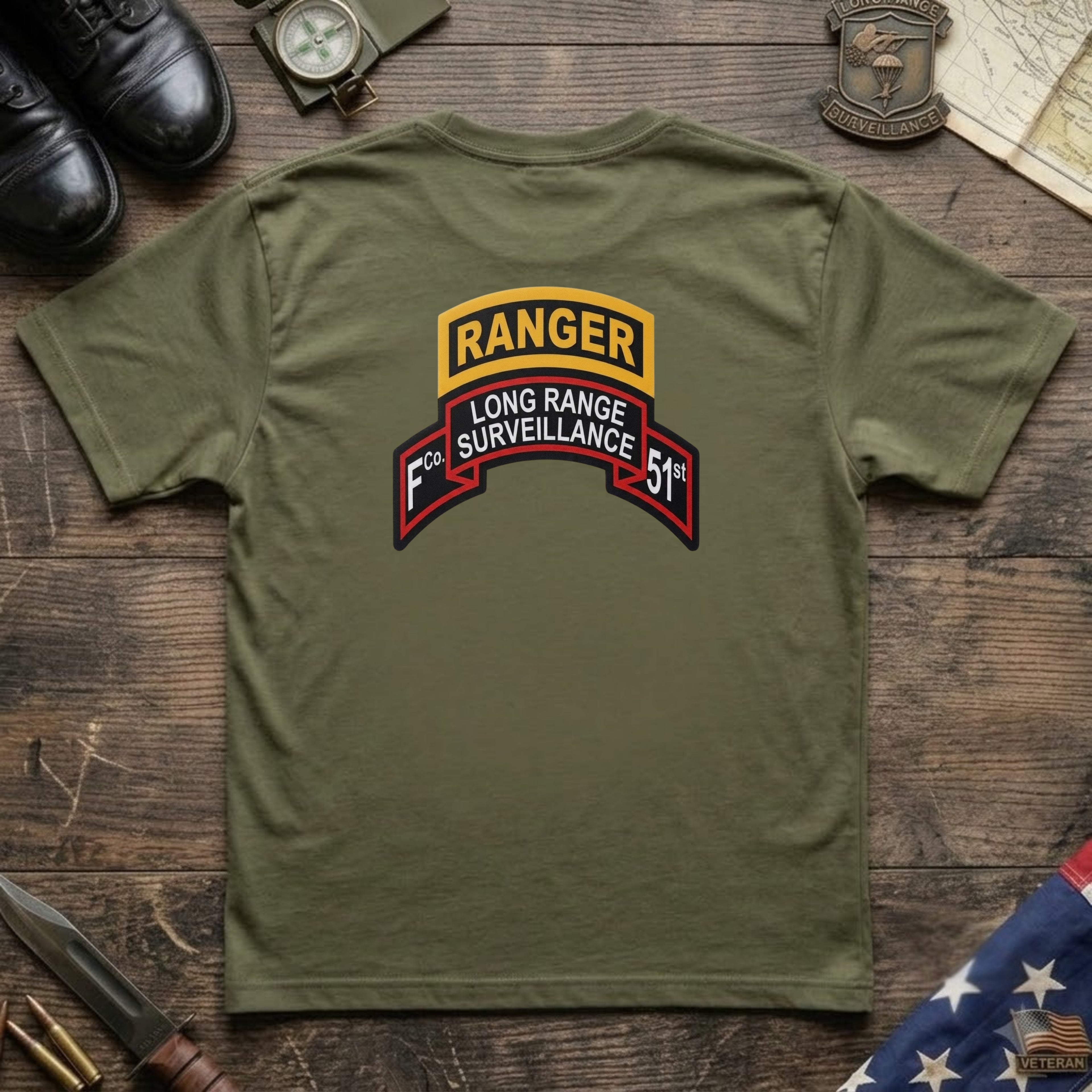 F Co. 51st Infantry (LRS) Scroll with Ranger Tab & Senior Wings Softstyle T-Shirt
