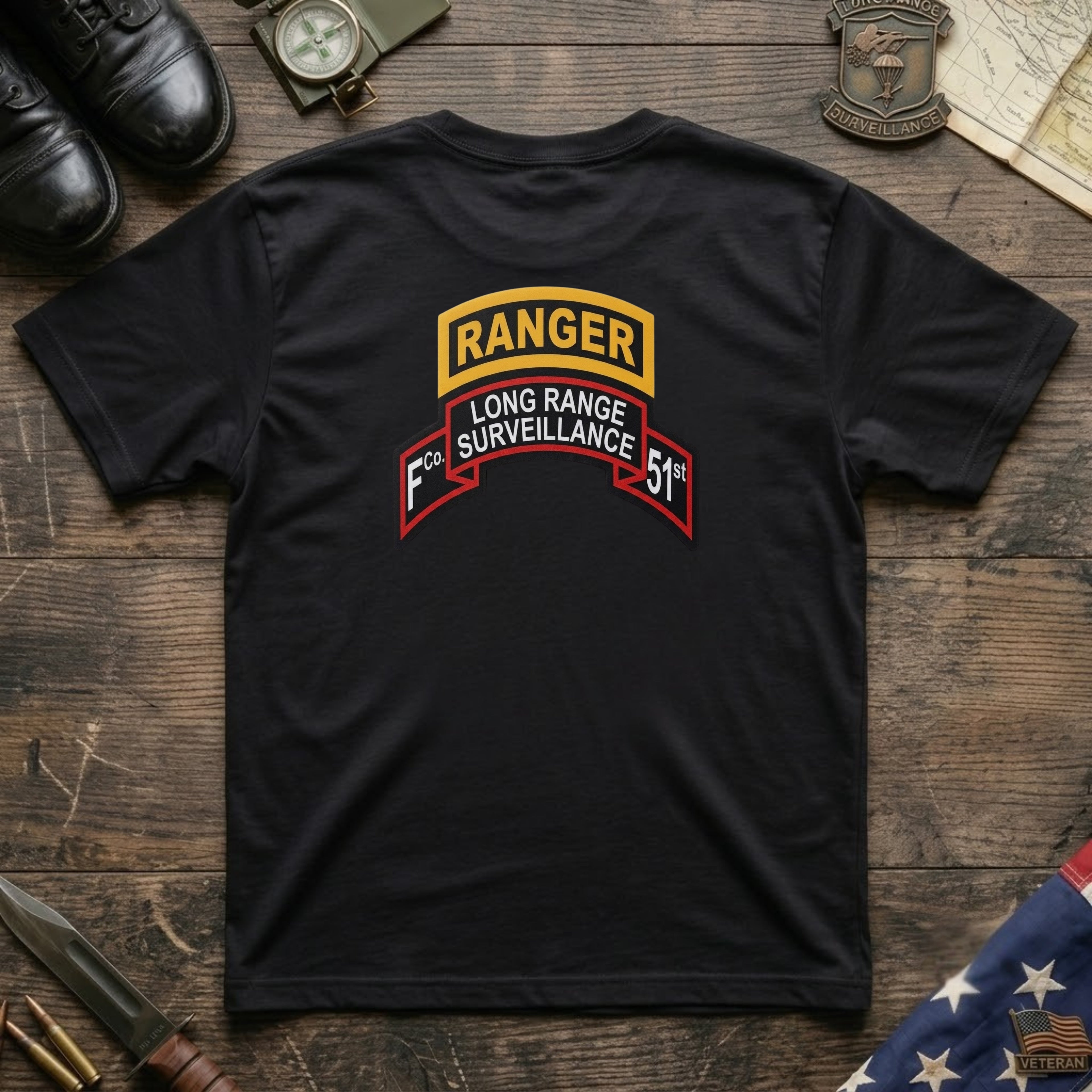 F Co. 51st Infantry (LRS) Scroll with Ranger Tab & Master Wings Softstyle T-Shirt