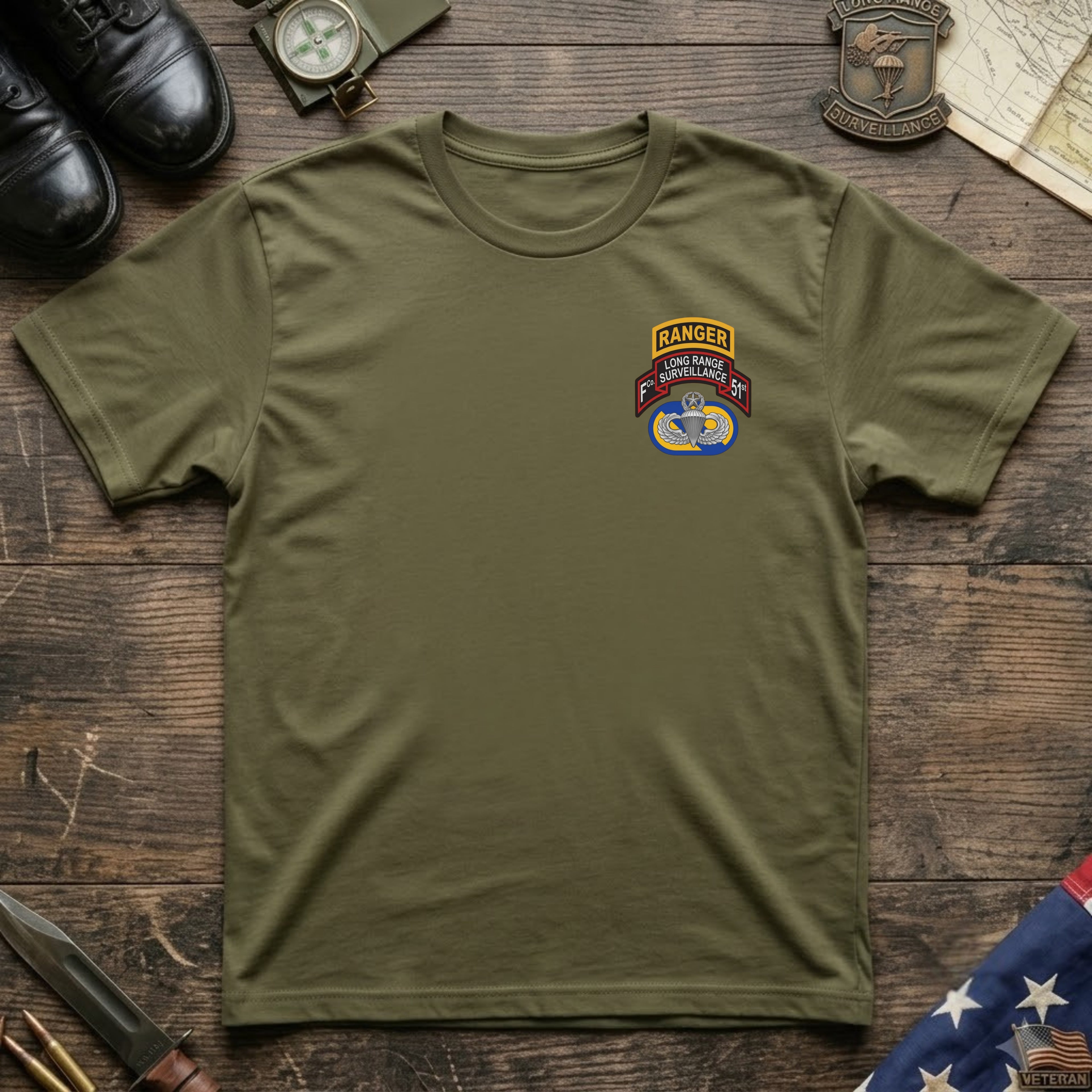 F Co. 51st Infantry (LRS) Scroll with Ranger Tab & Master Wings Softstyle T-Shirt