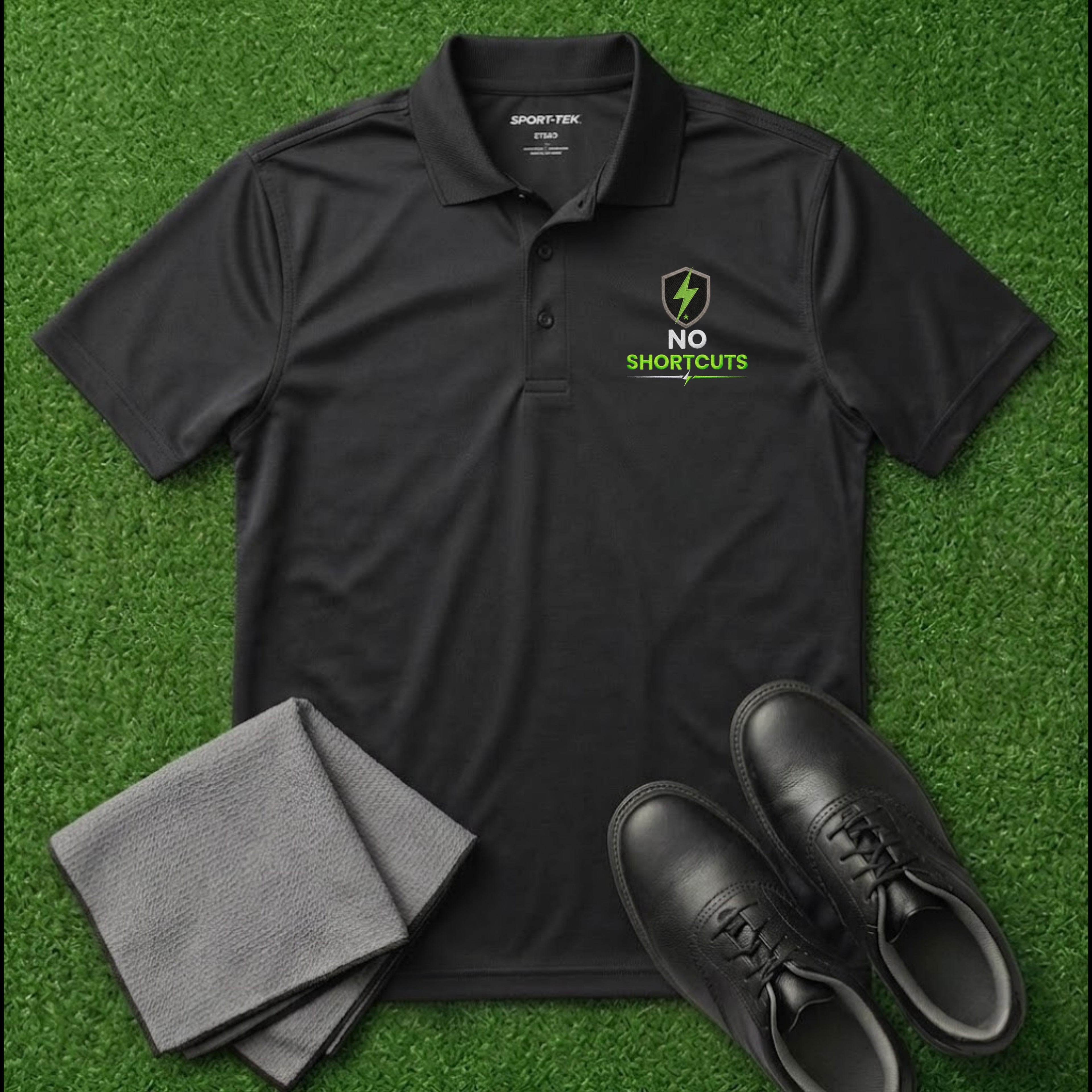 'NO SHORTCUTS' Shield+ Embroidered Performance Golf Polo (Sport-Tech Unisex)