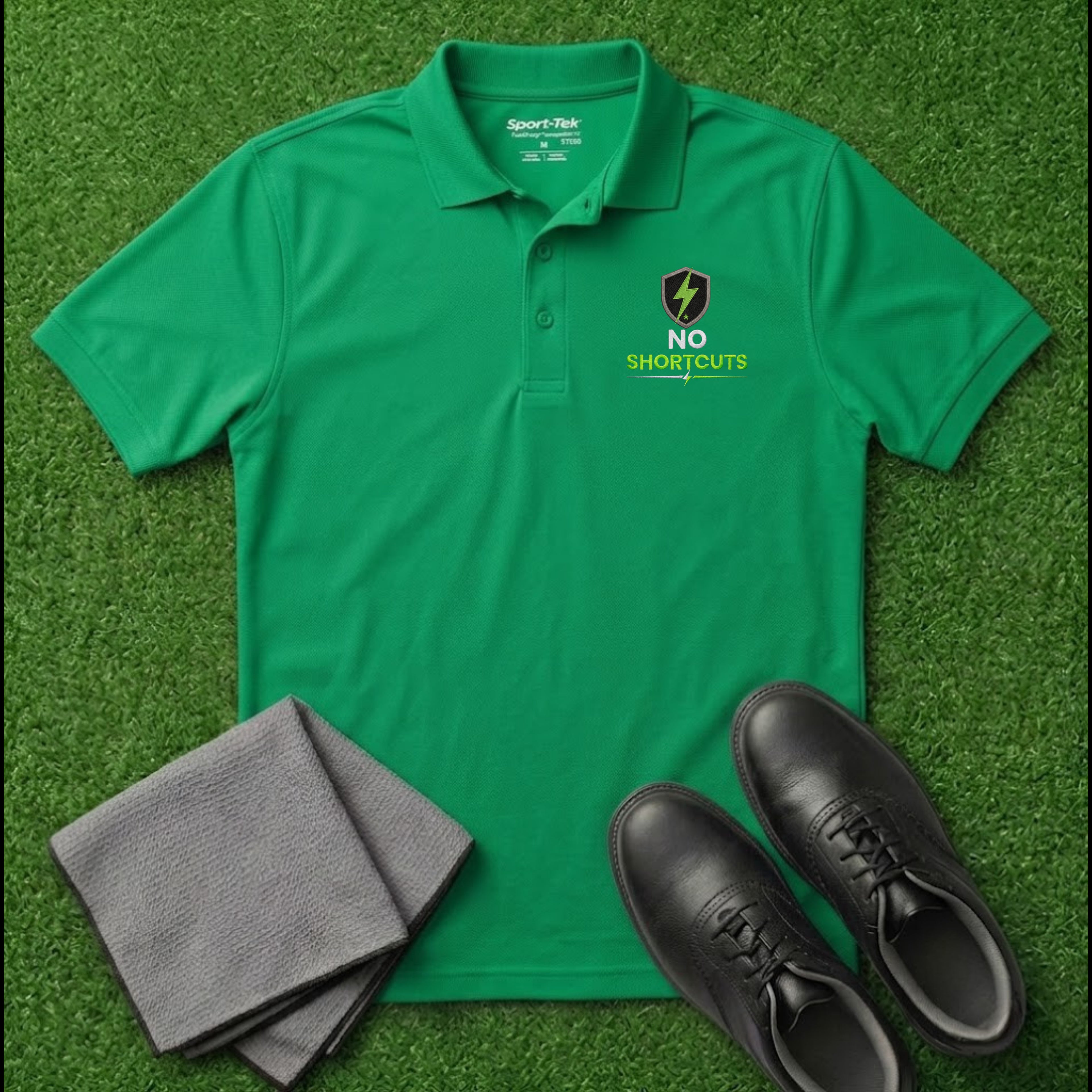 'NO SHORTCUTS' Shield+ Embroidered Performance Golf Polo (Sport-Tech Unisex)