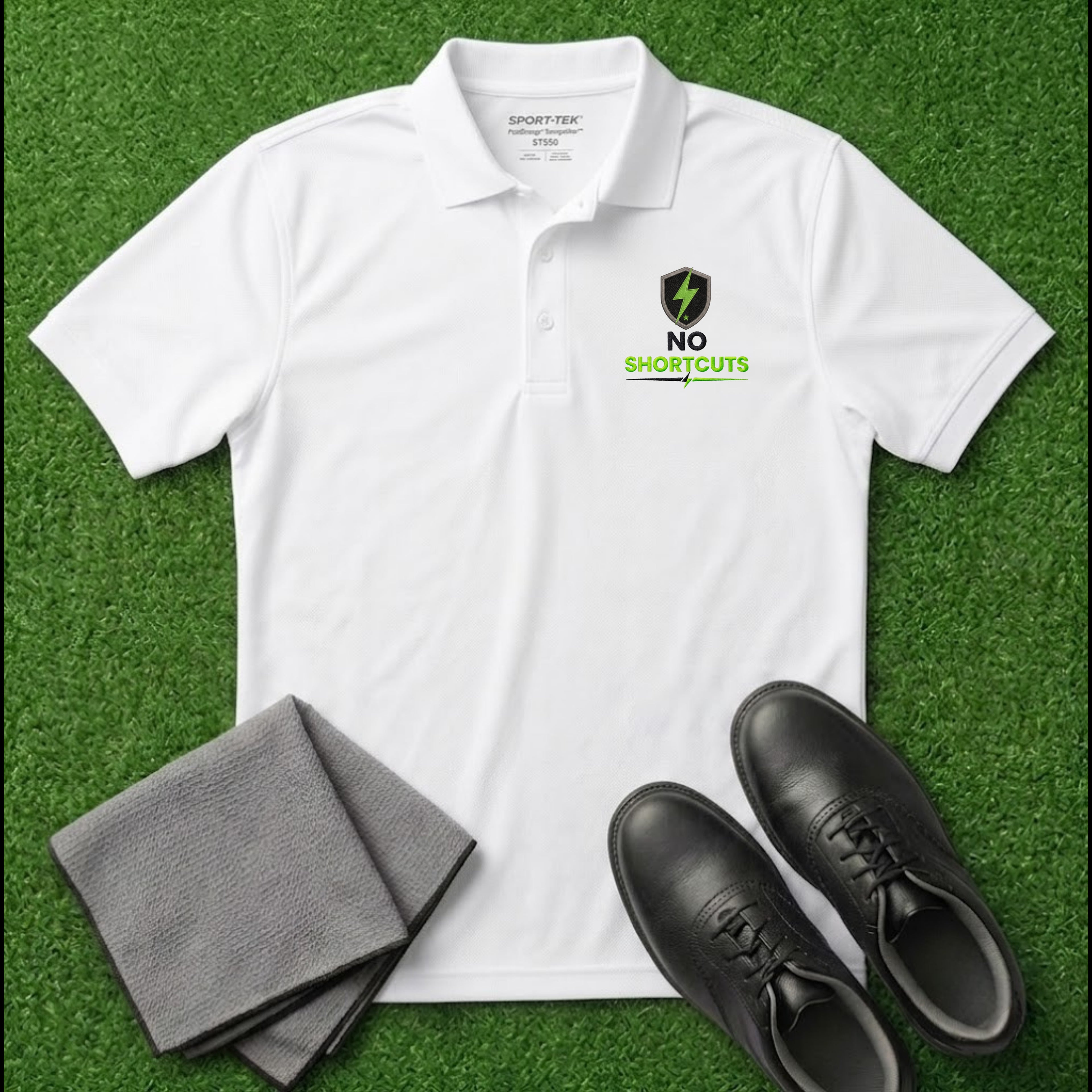 'NO SHORTCUTS' Shield+ Embroidered Performance Golf Polo (Sport-Tech Unisex)