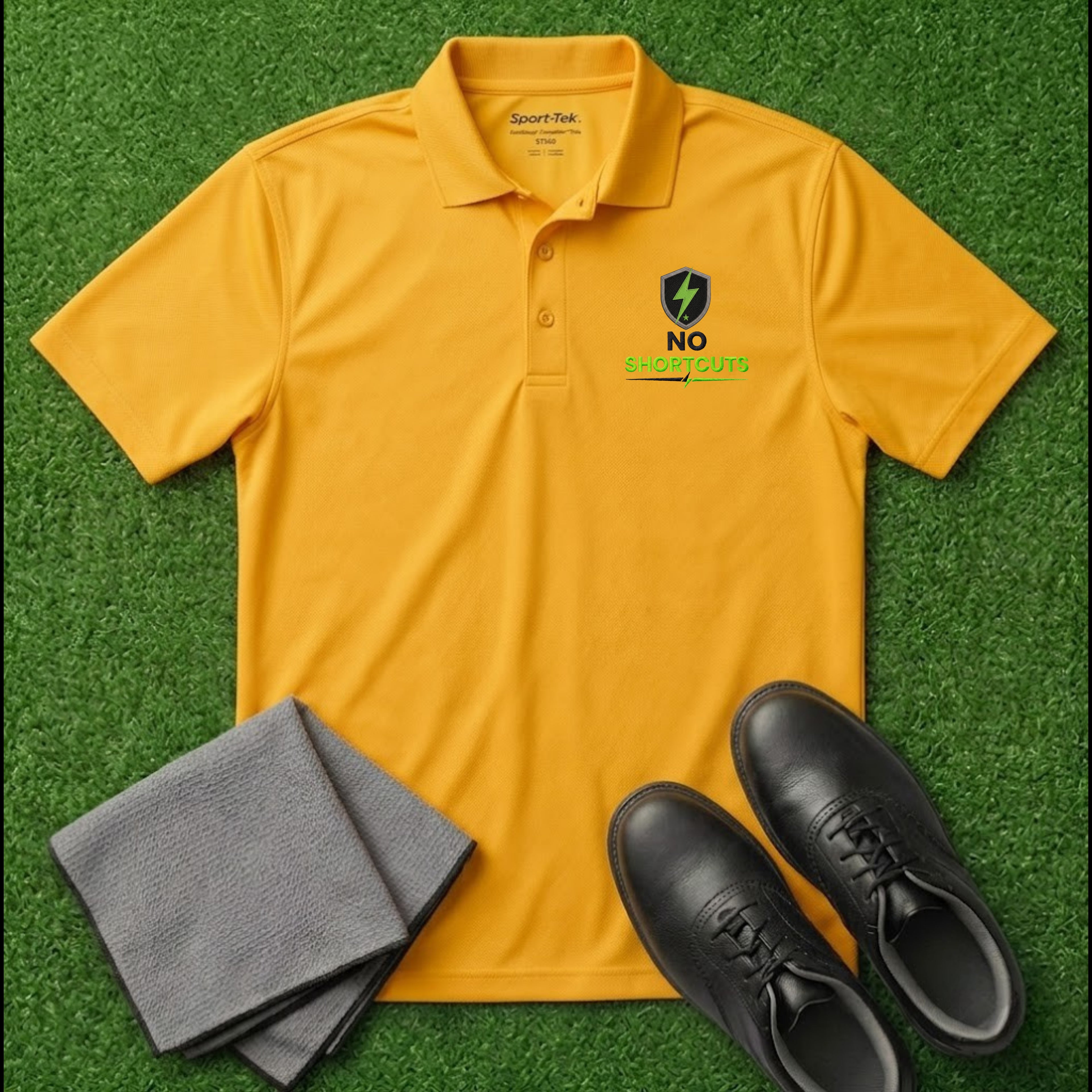 'NO SHORTCUTS' Shield+ Embroidered Performance Golf Polo (Sport-Tech Unisex)