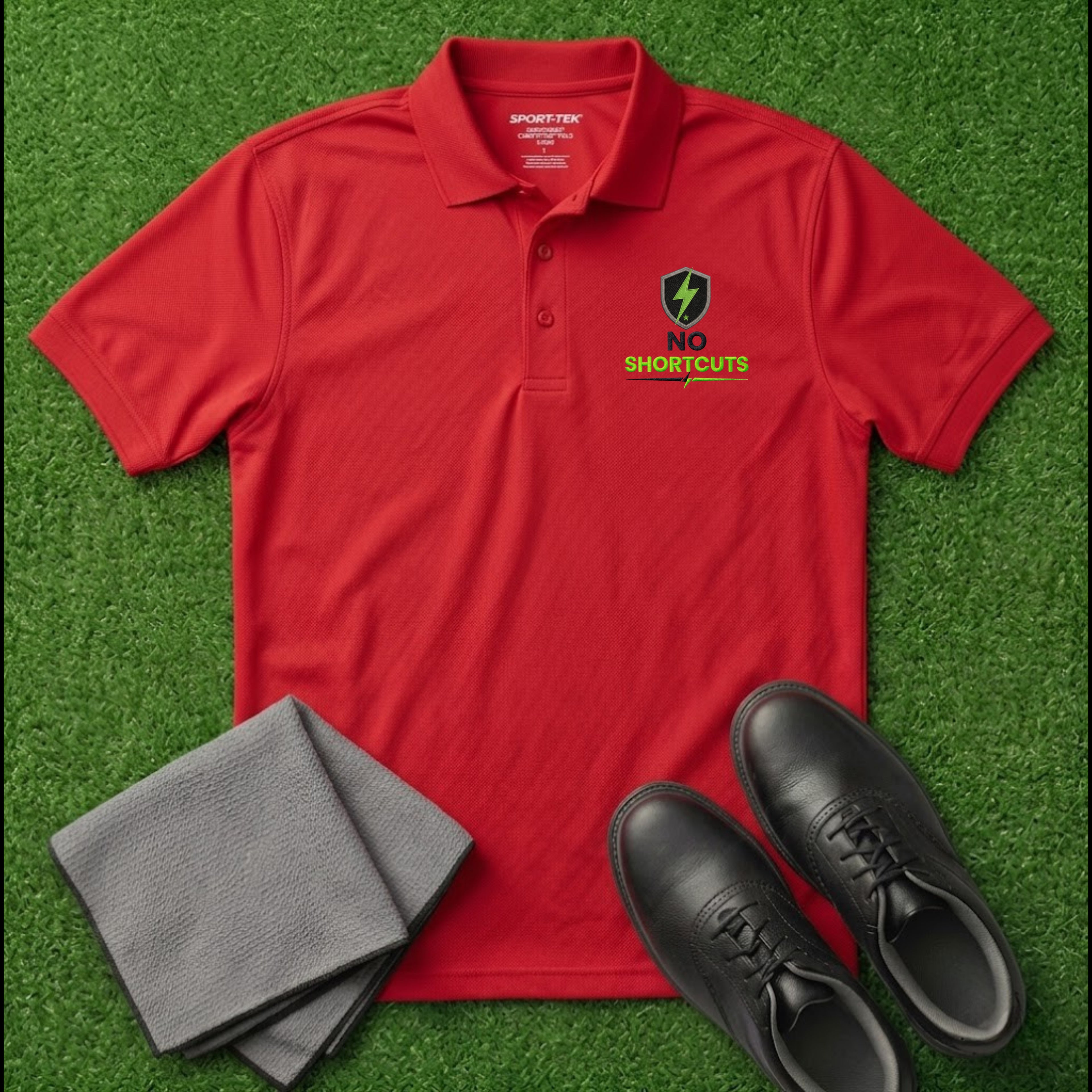 'NO SHORTCUTS' Shield+ Embroidered Performance Golf Polo (Sport-Tech Unisex)