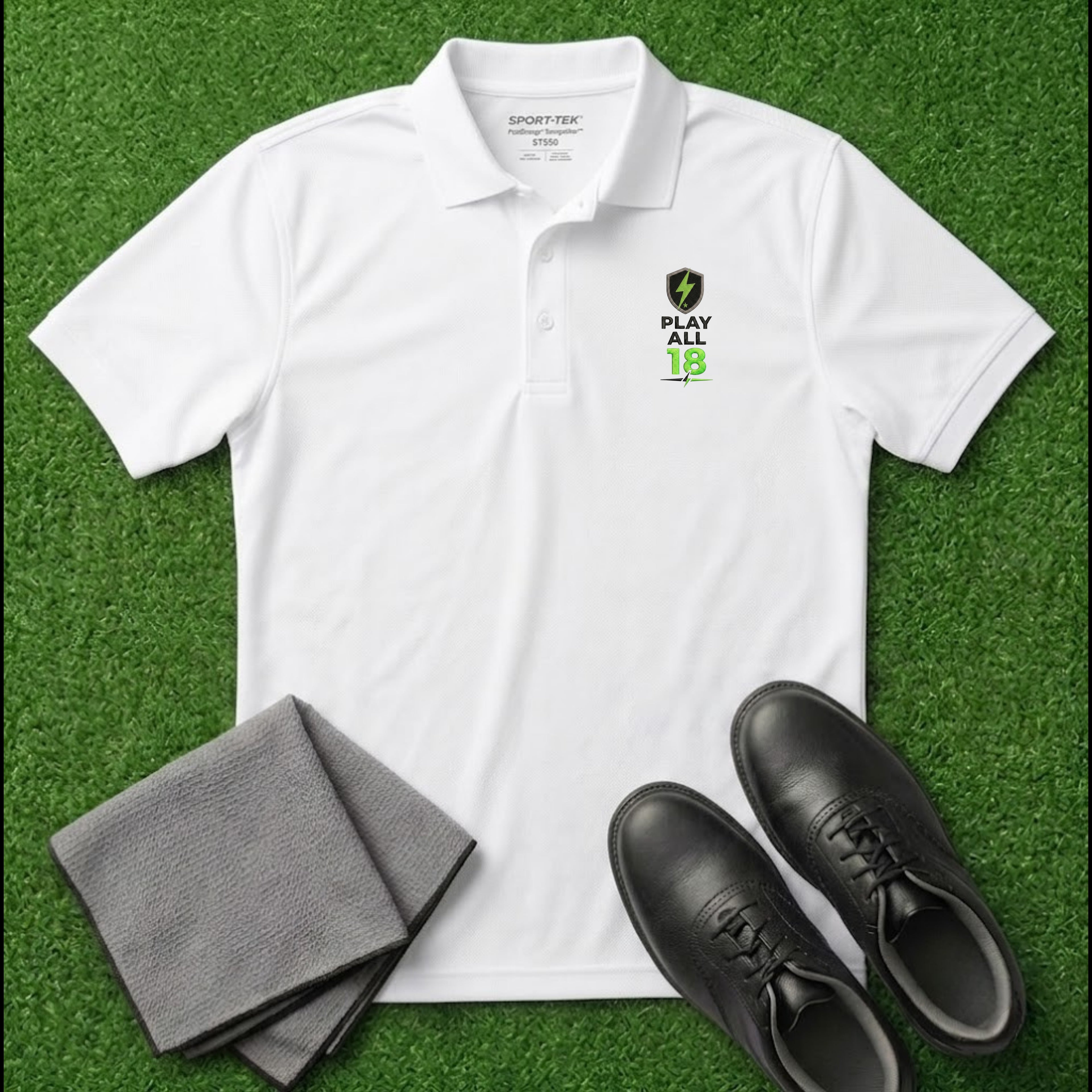 'PLAY ALL 18' Shield+ Embroidered Performance Golf Polo (Sport-Tech Unisex)