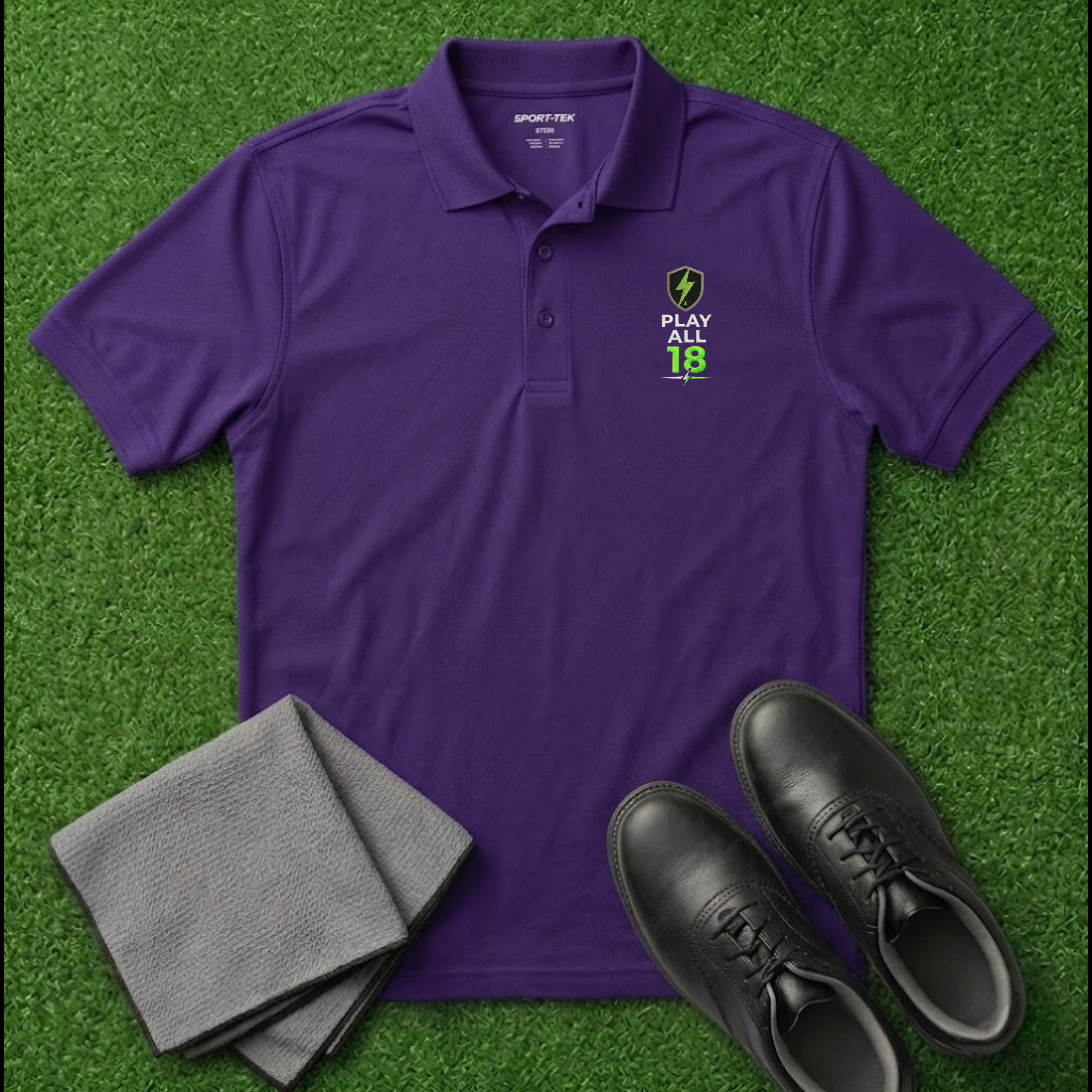 'PLAY ALL 18' Shield+ Embroidered Performance Golf Polo (Sport-Tech Unisex)