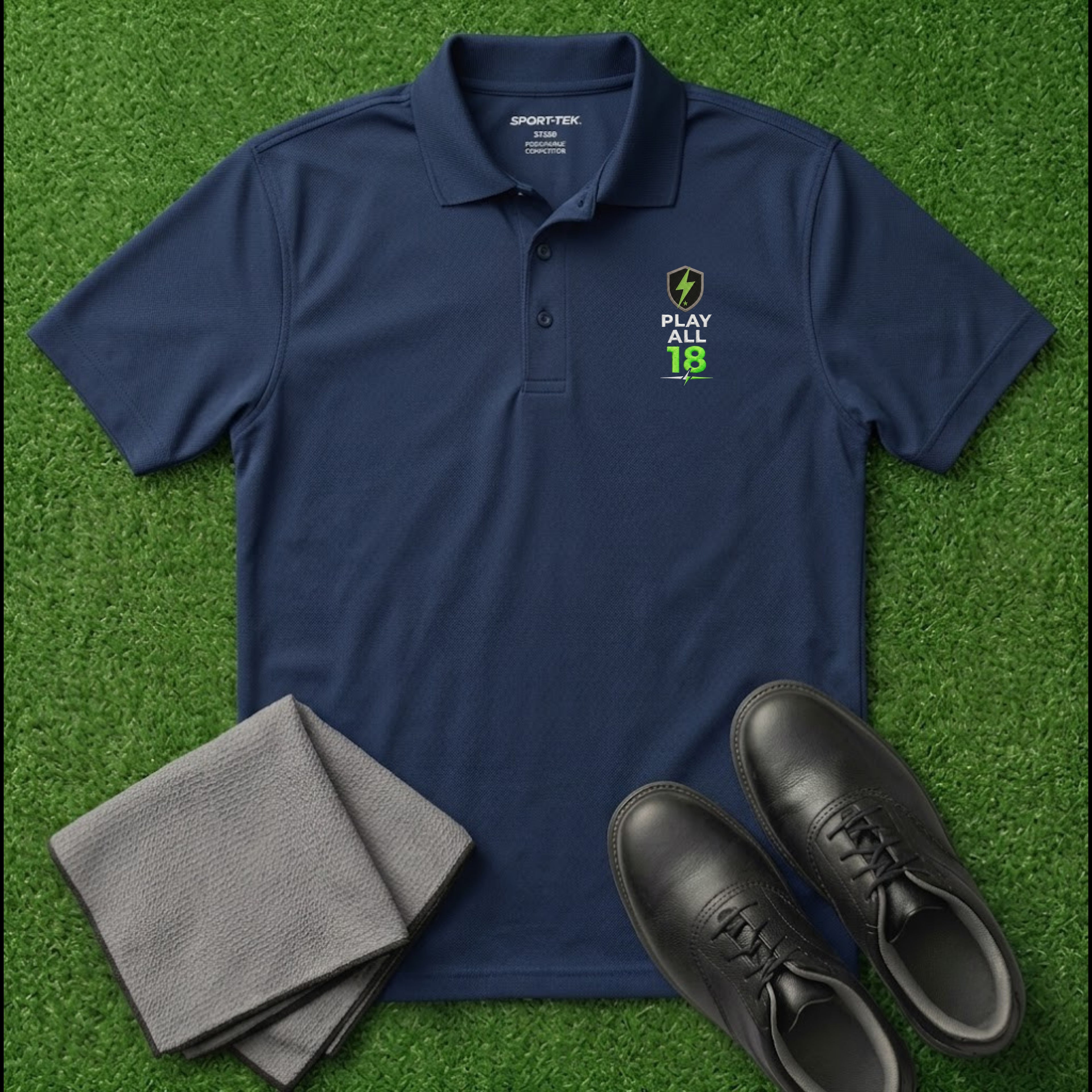 'PLAY ALL 18' Shield+ Embroidered Performance Golf Polo (Sport-Tech Unisex)