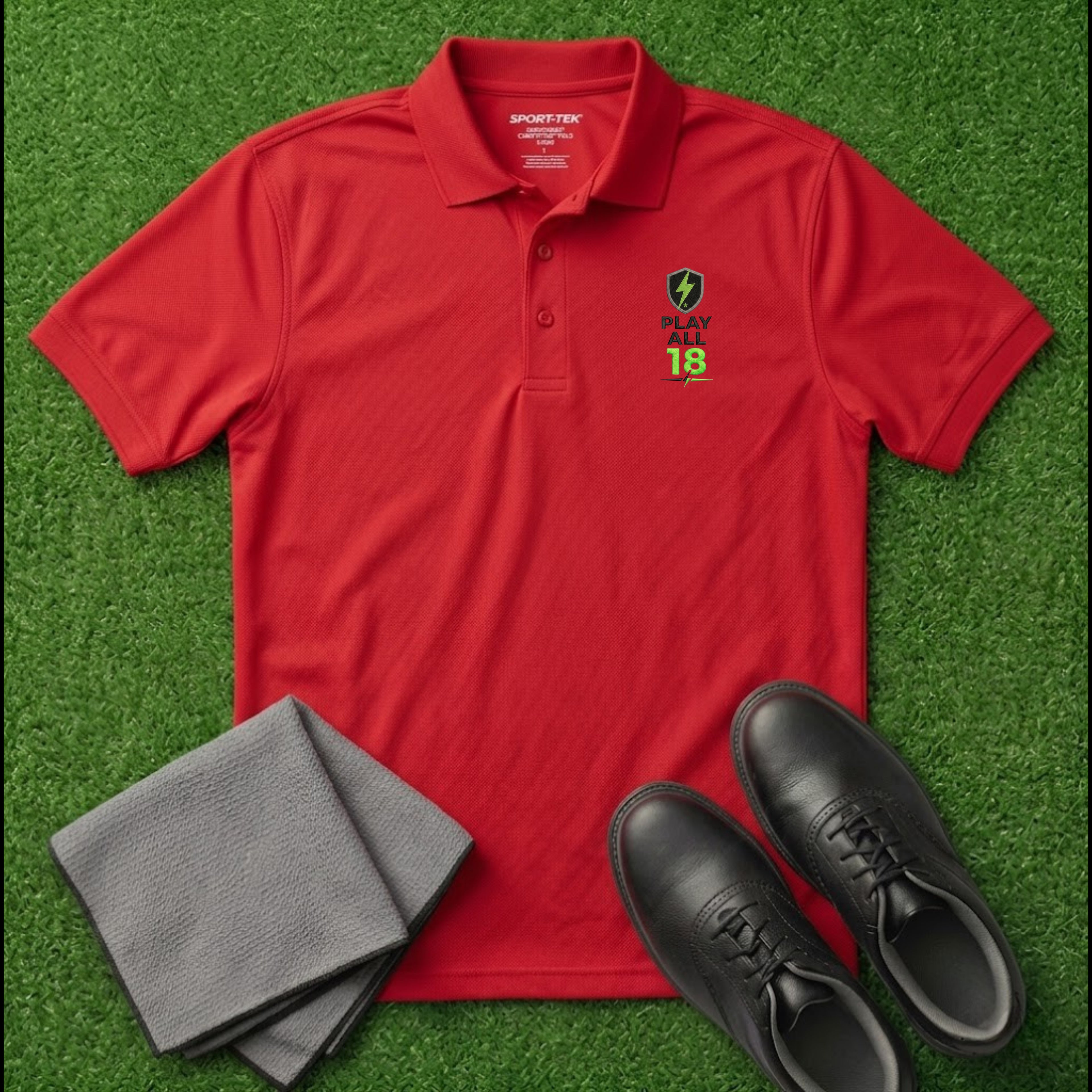 'PLAY ALL 18' Shield+ Embroidered Performance Golf Polo (Sport-Tech Unisex)