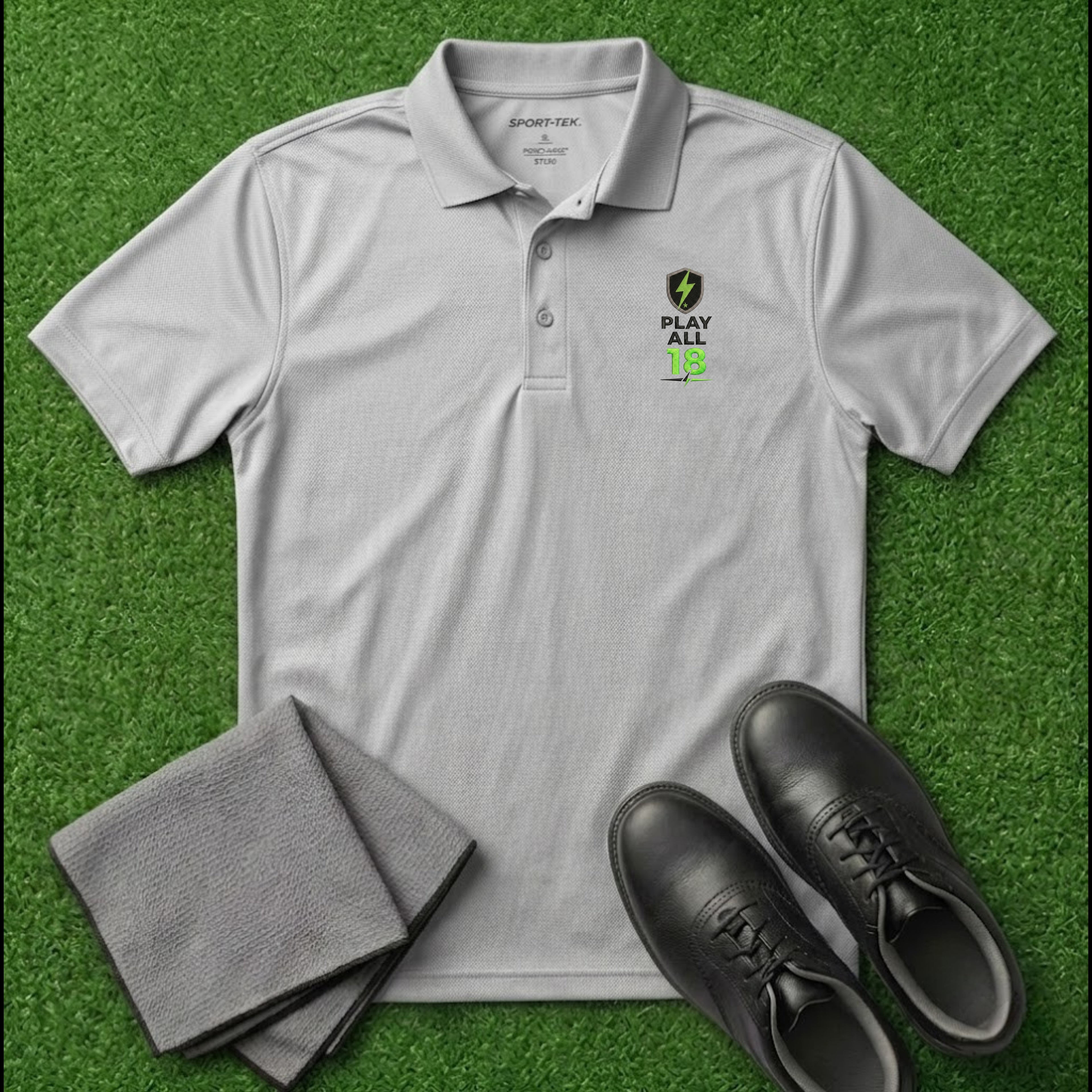 'PLAY ALL 18' Shield+ Embroidered Performance Golf Polo (Sport-Tech Unisex)