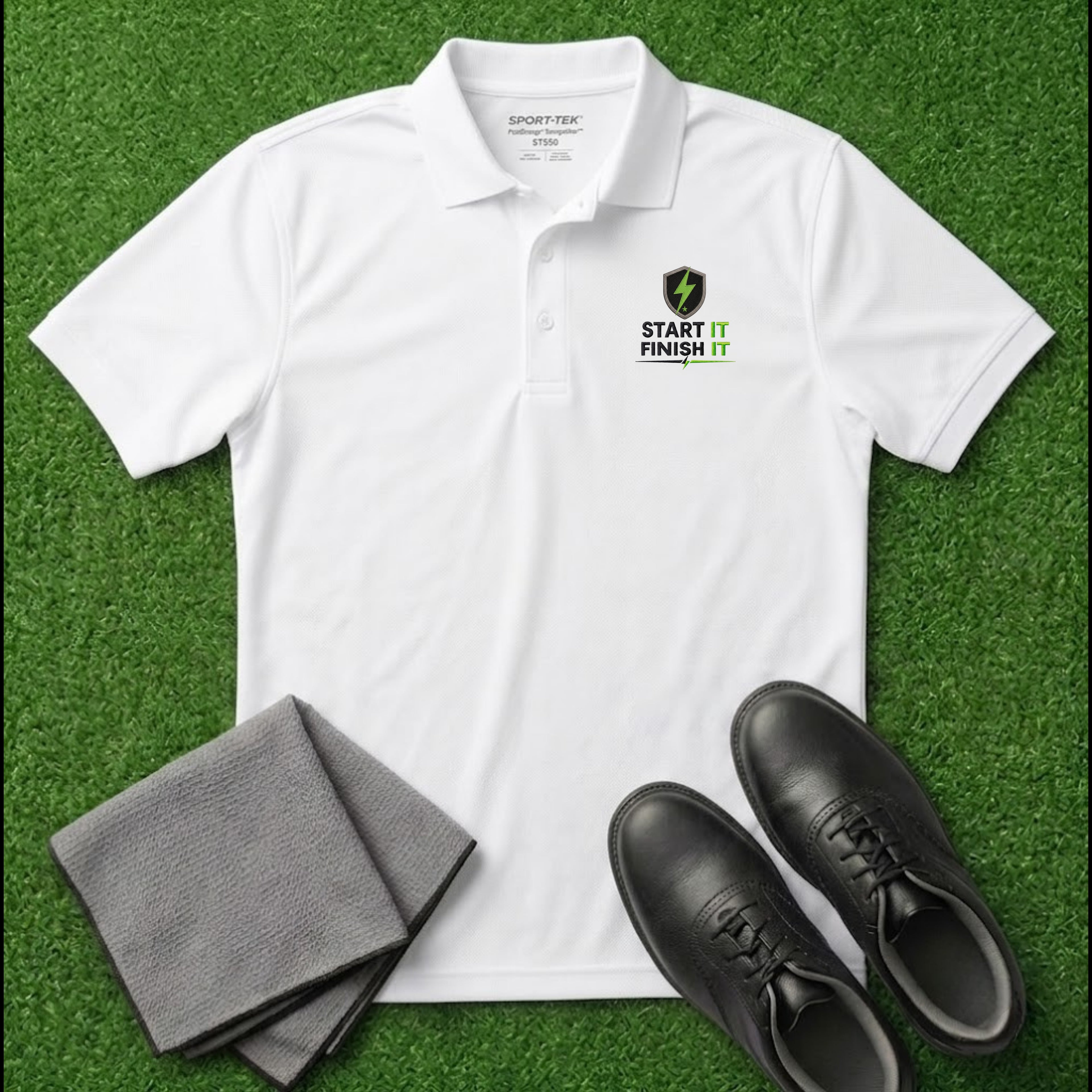 'START IT FINISH IT' Shield+ Embroidered Performance Golf Polo (Sport-Tech Unisex)