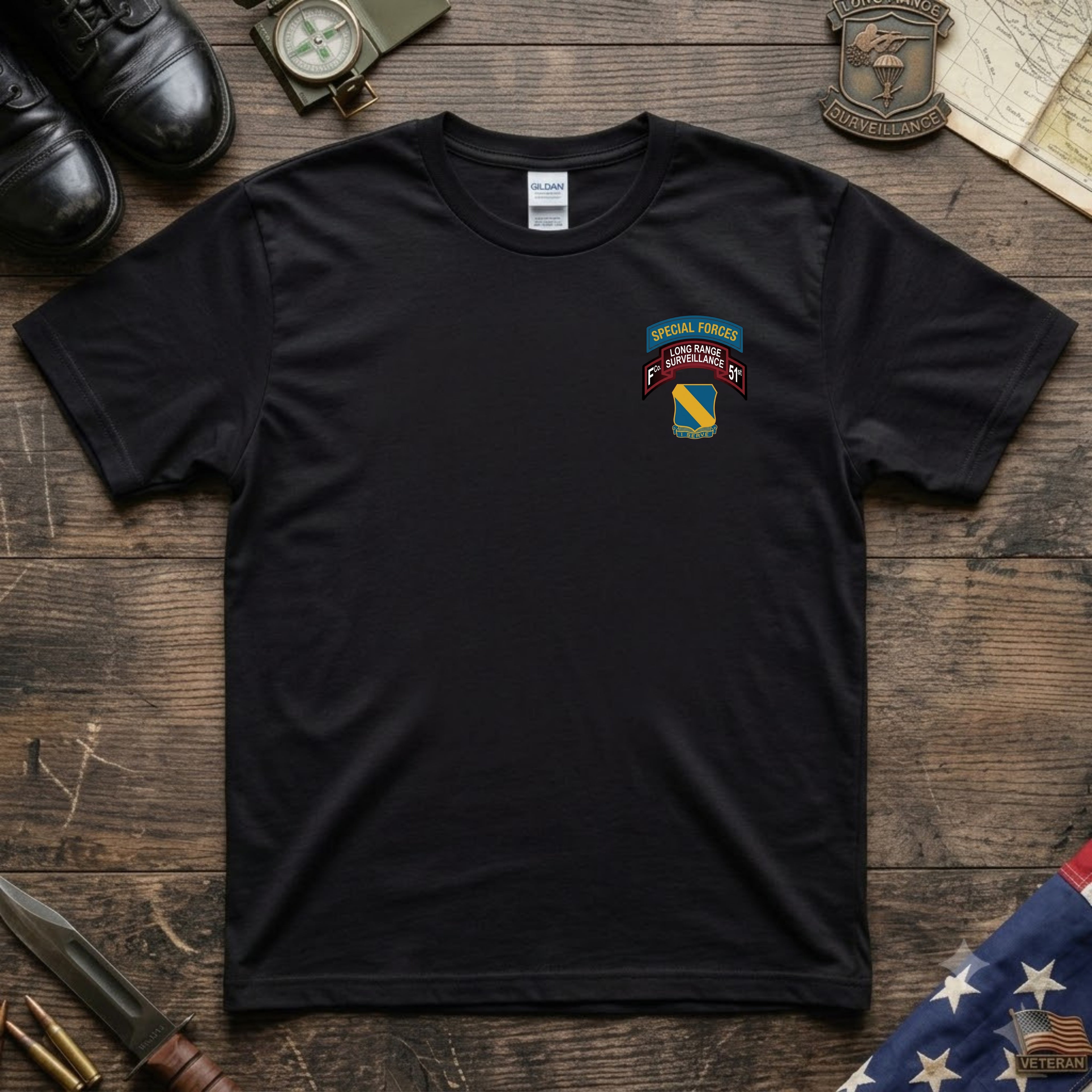 F Co. 51st Infantry (LRS) Scroll with SF Tab Softstyle T-Shirt
