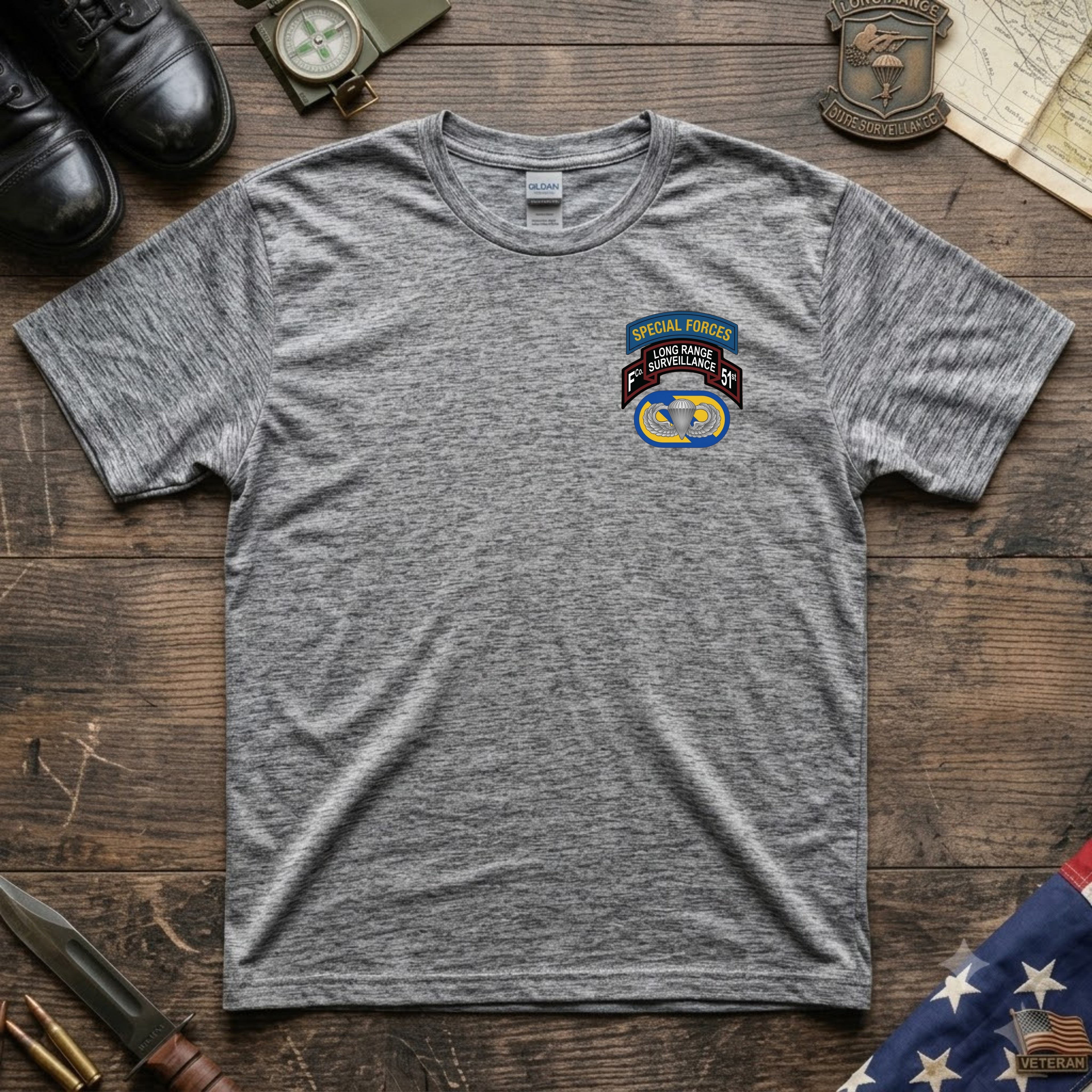 F Co. 51st Infantry (LRS) Scroll with SF Tab & Basic Wings Softstyle T-Shirt