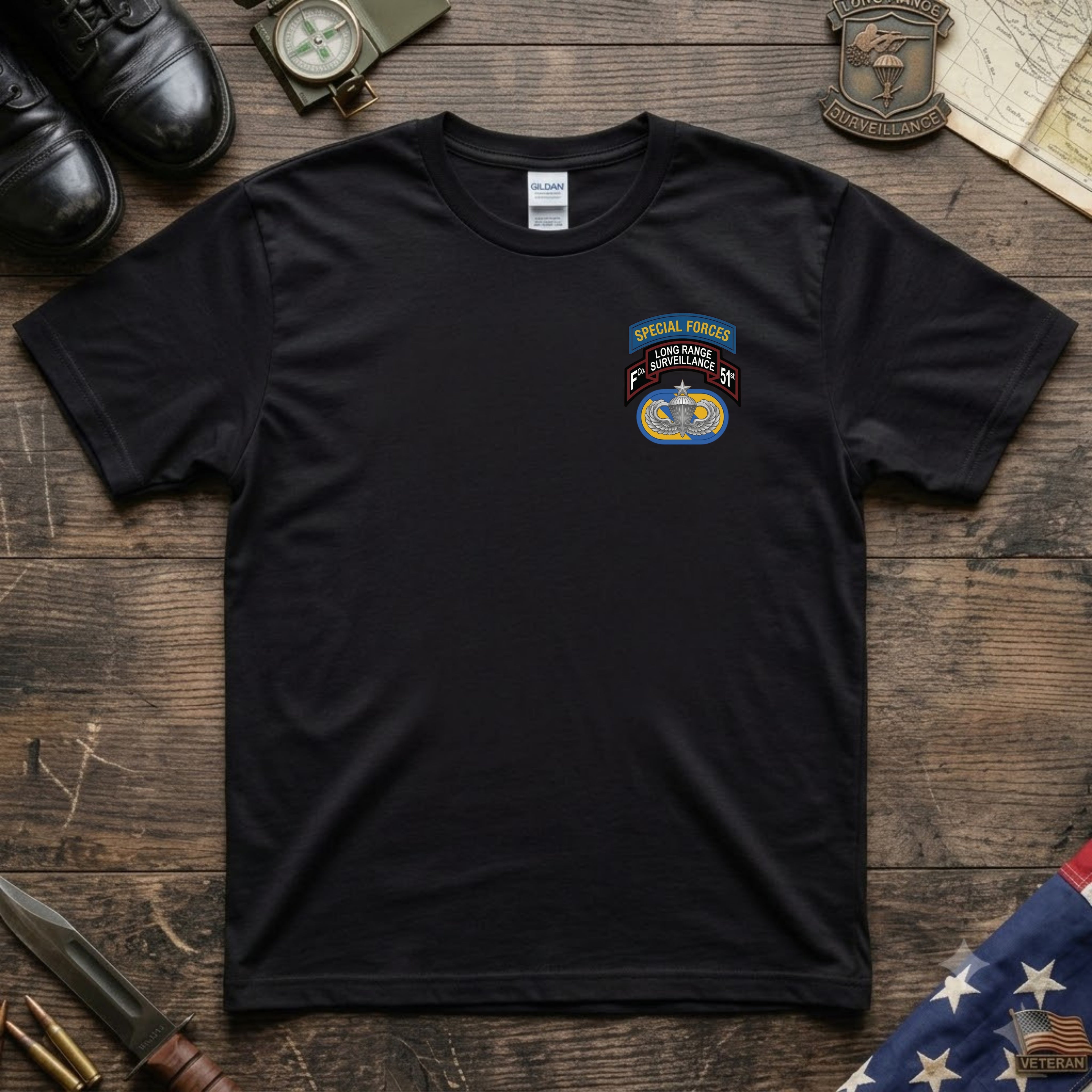 F Co. 51st Infantry (LRS) Scroll with SF Tab & Senior Wings Softstyle T-Shirt