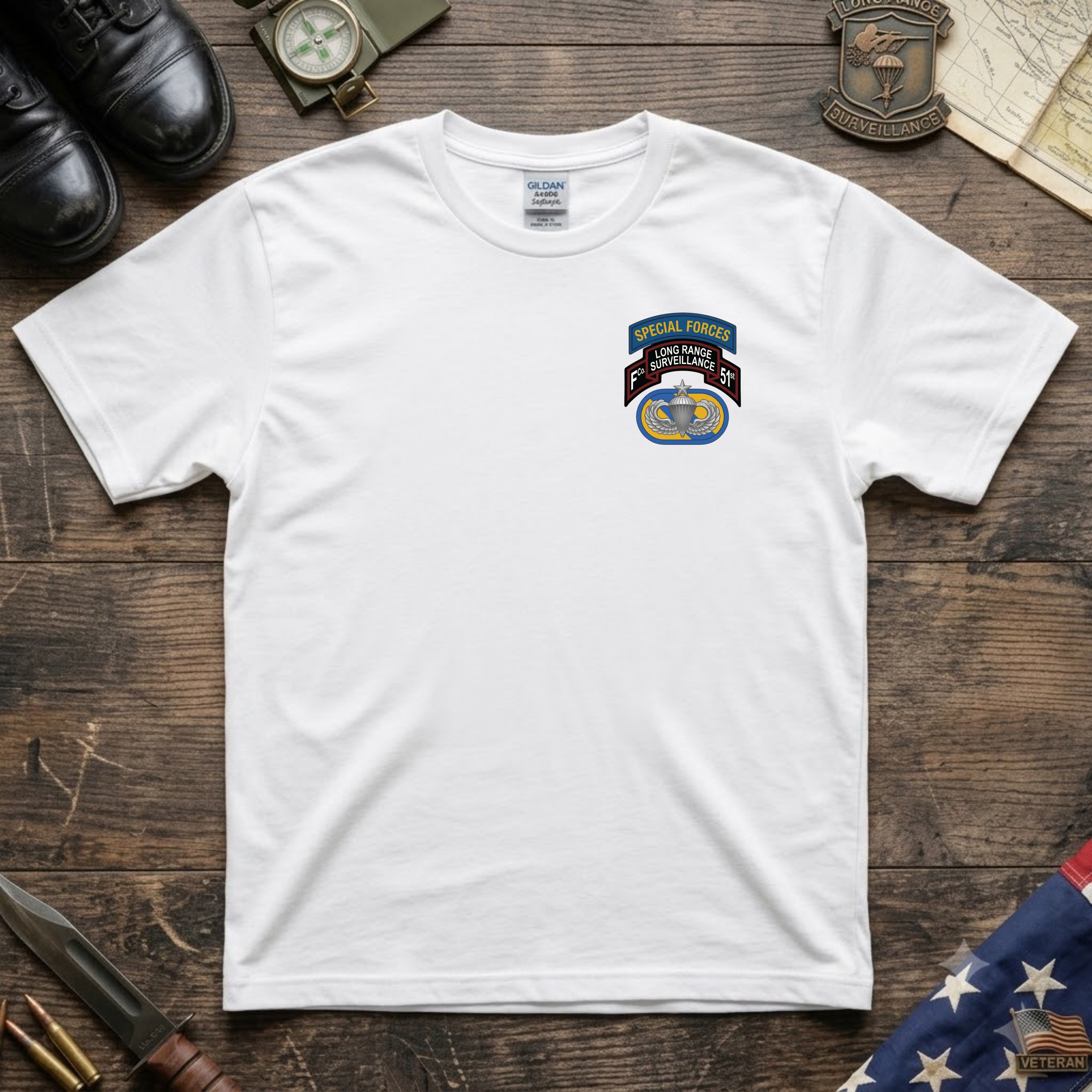 F Co. 51st Infantry (LRS) Scroll with SF Tab & Senior Wings Softstyle T-Shirt