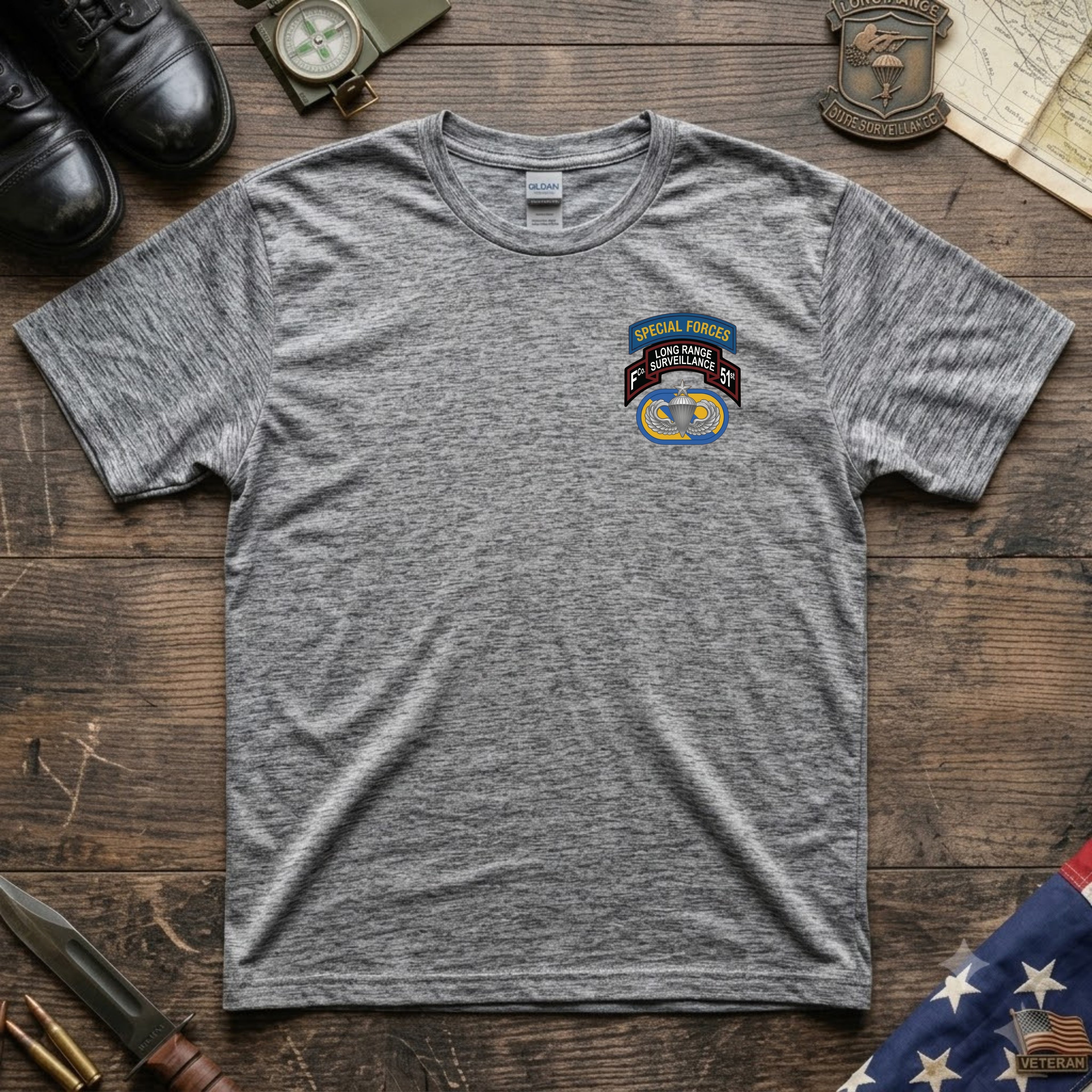 F Co. 51st Infantry (LRS) Scroll with SF Tab & Senior Wings Softstyle T-Shirt
