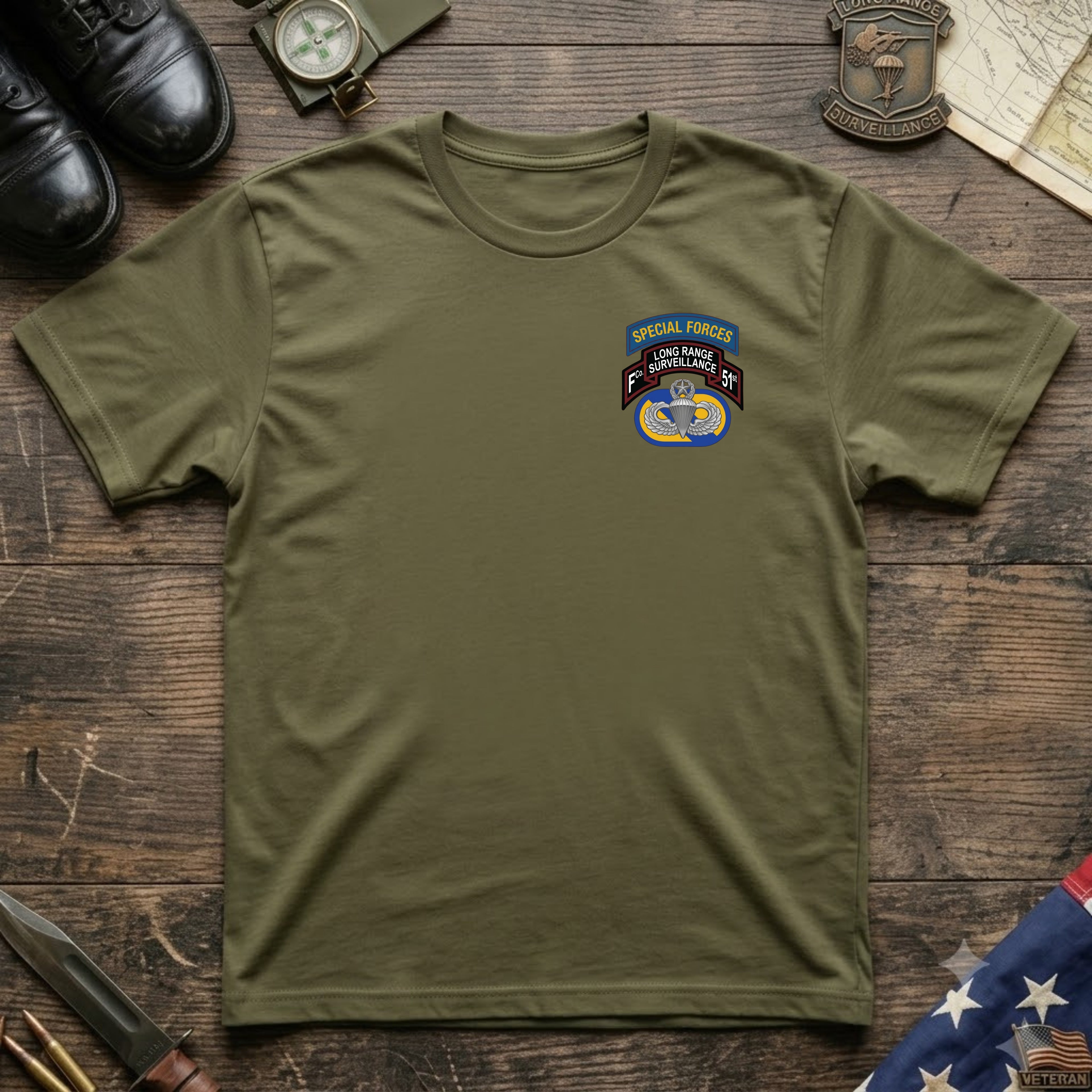 F Co. 51st Infantry (LRS) Scroll with SF Tab & Master Wings Softstyle T-Shirt