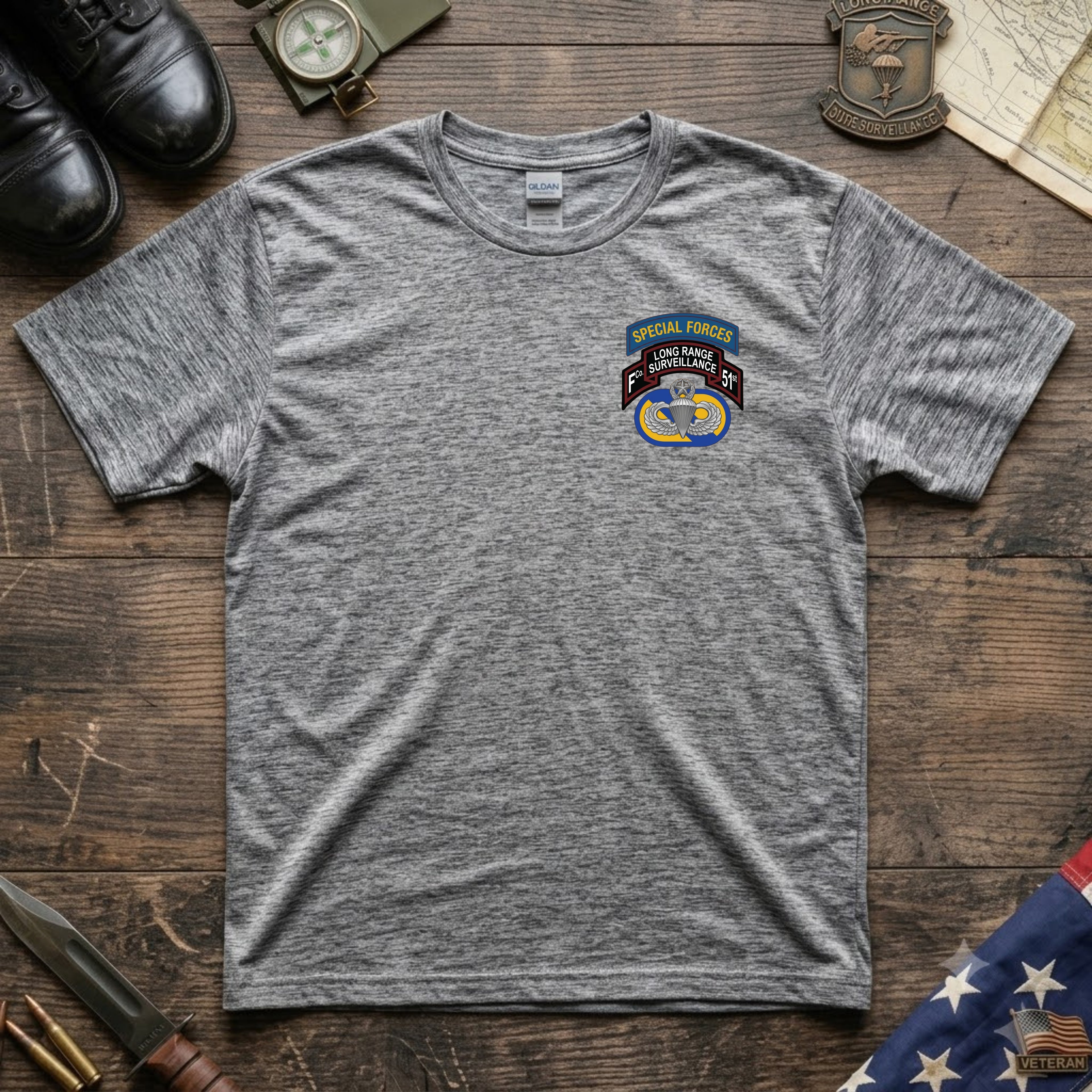 F Co. 51st Infantry (LRS) Scroll with SF Tab & Master Wings Softstyle T-Shirt