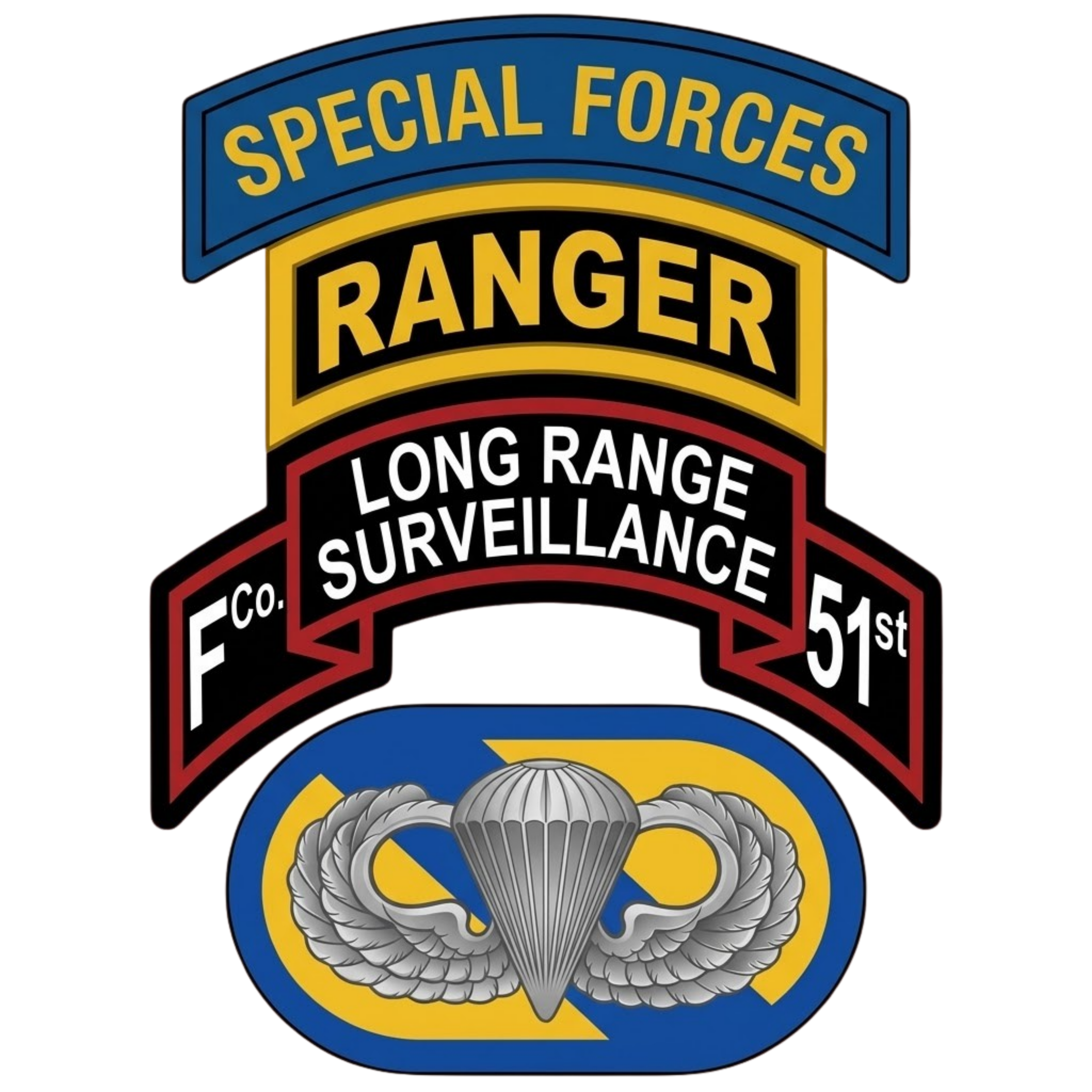 F Co. 51st Infantry (LRS) Scroll with SF & Ranger Tab & Basic Wings Softstyle T-Shirt