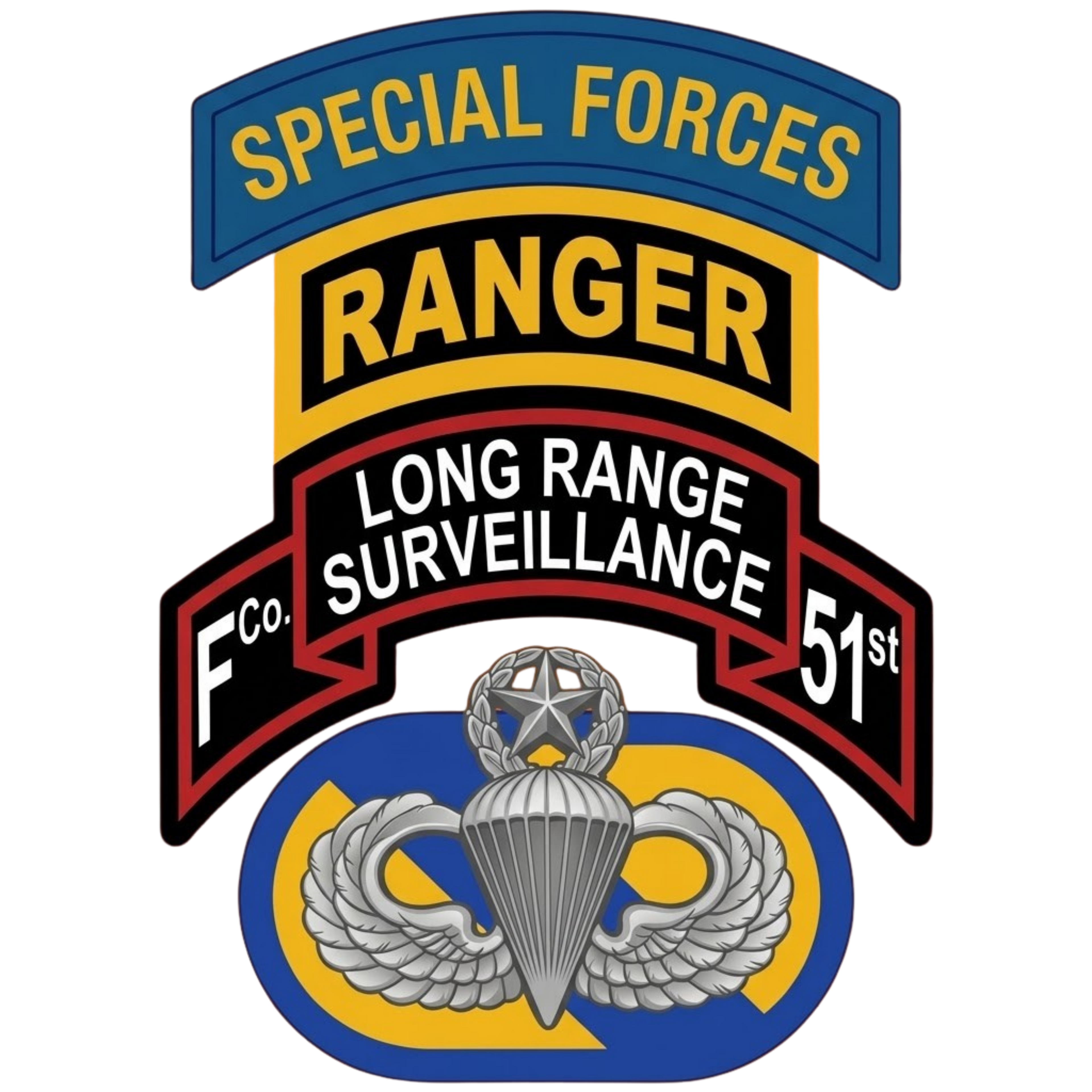 F Co. 51st Infantry (LRS) Scroll with SF & Ranger Tab & Master Wings Softstyle T-Shirt
