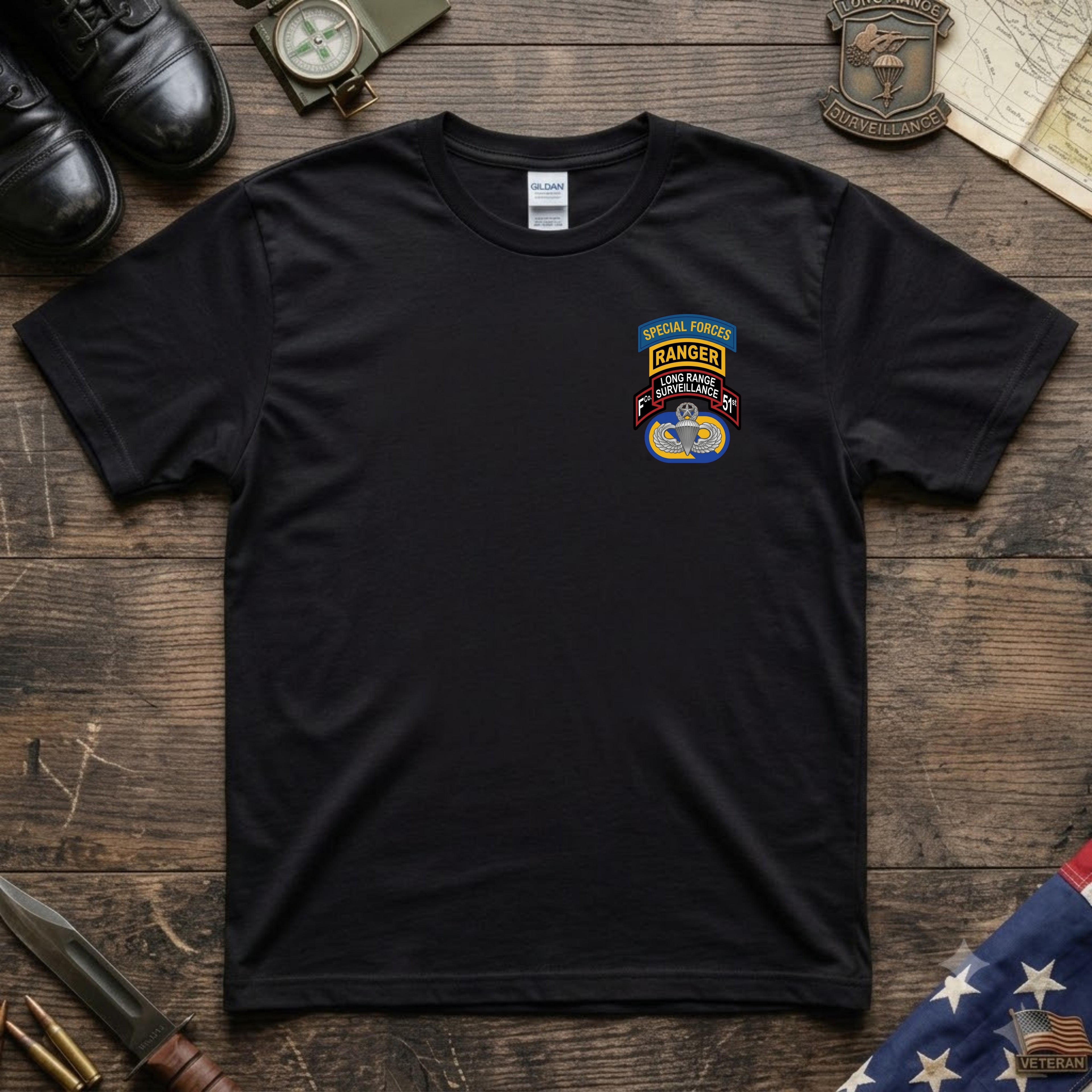 F Co. 51st Infantry (LRS) Scroll with SF & Ranger Tab & Master Wings Softstyle T-Shirt