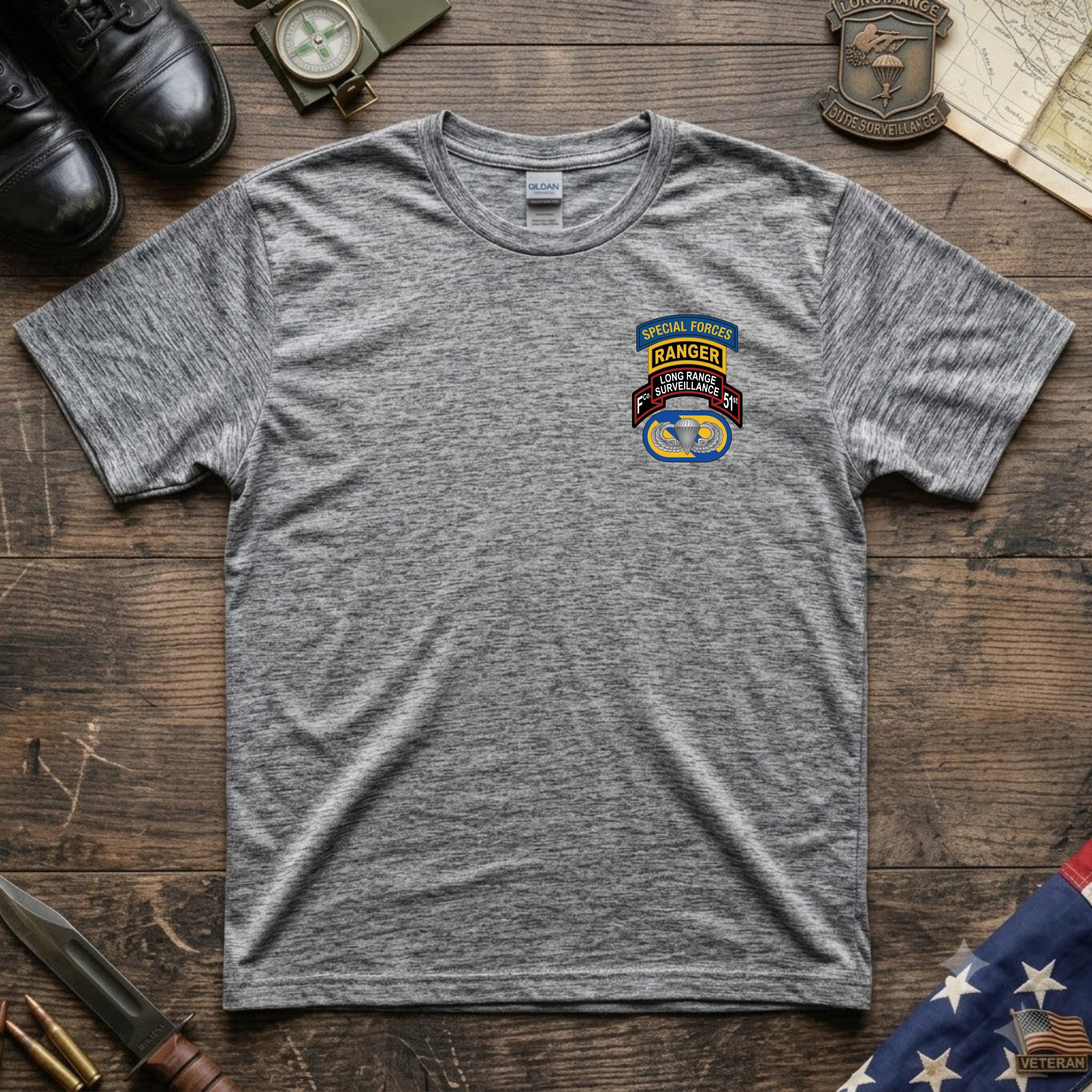 F Co. 51st Infantry (LRS) Scroll with SF & Ranger Tab & Basic Wings Softstyle T-Shirt