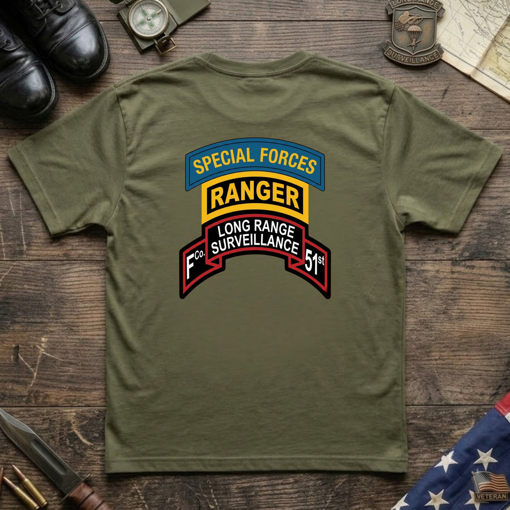 F Co. 51st Infantry (LRS) Scroll with SF & Ranger Tab & Basic Wings Softstyle T-Shirt