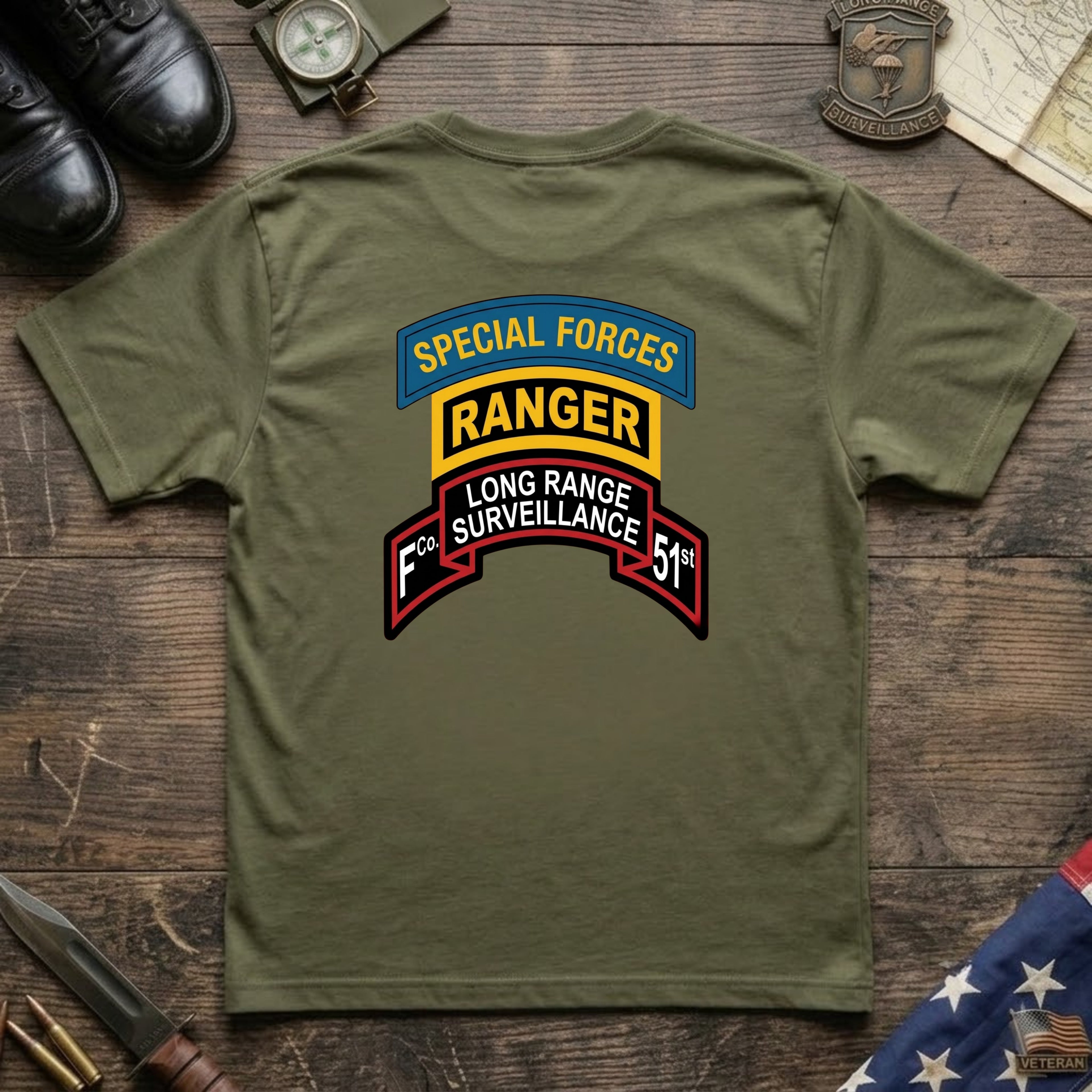 F Co. 51st Infantry (LRS) Scroll with SF & Ranger Tab & Master Wings Softstyle T-Shirt